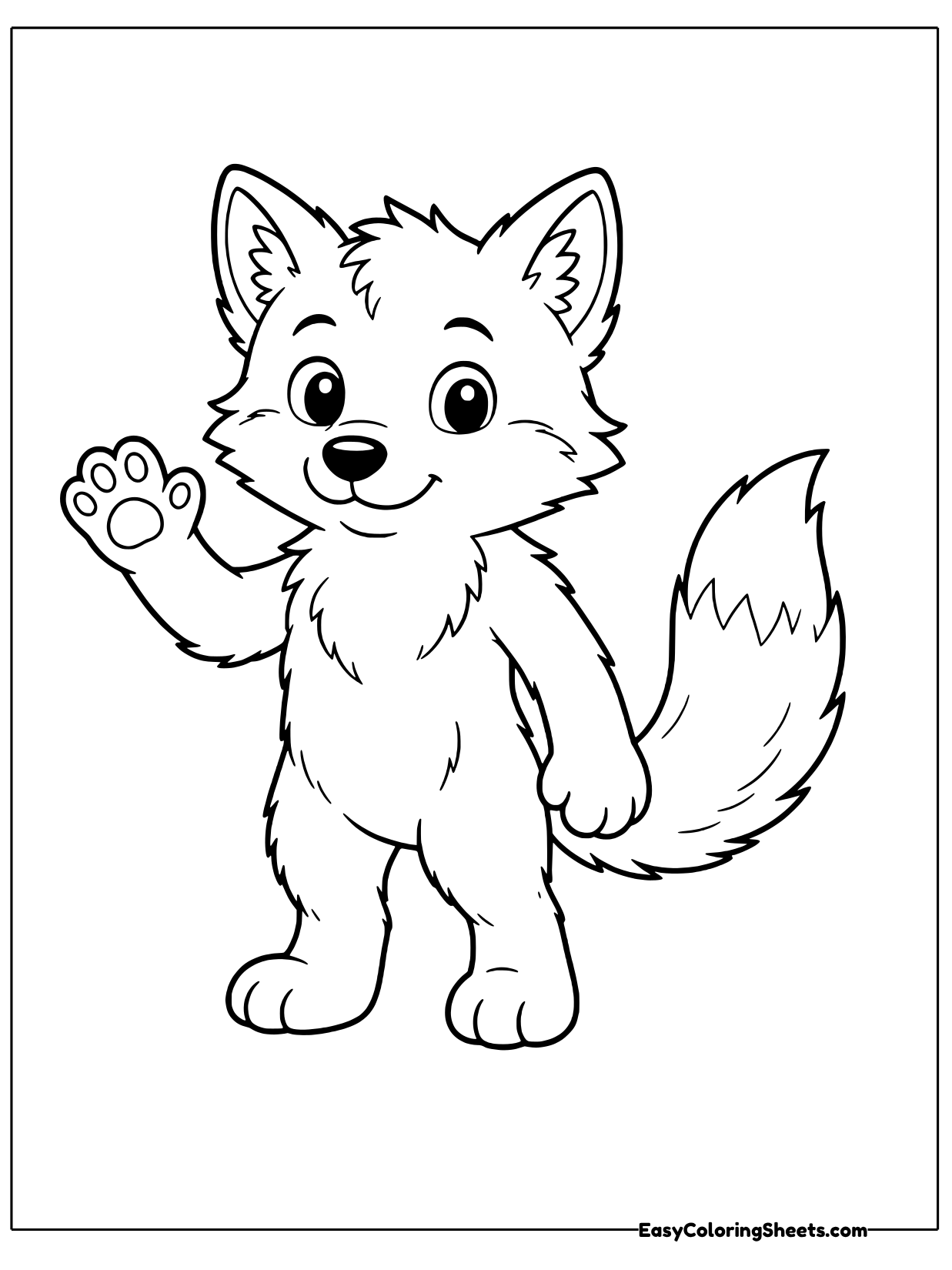 A wolf cub stands on its hind legs and waves one paw with a bushy tail curled behind.