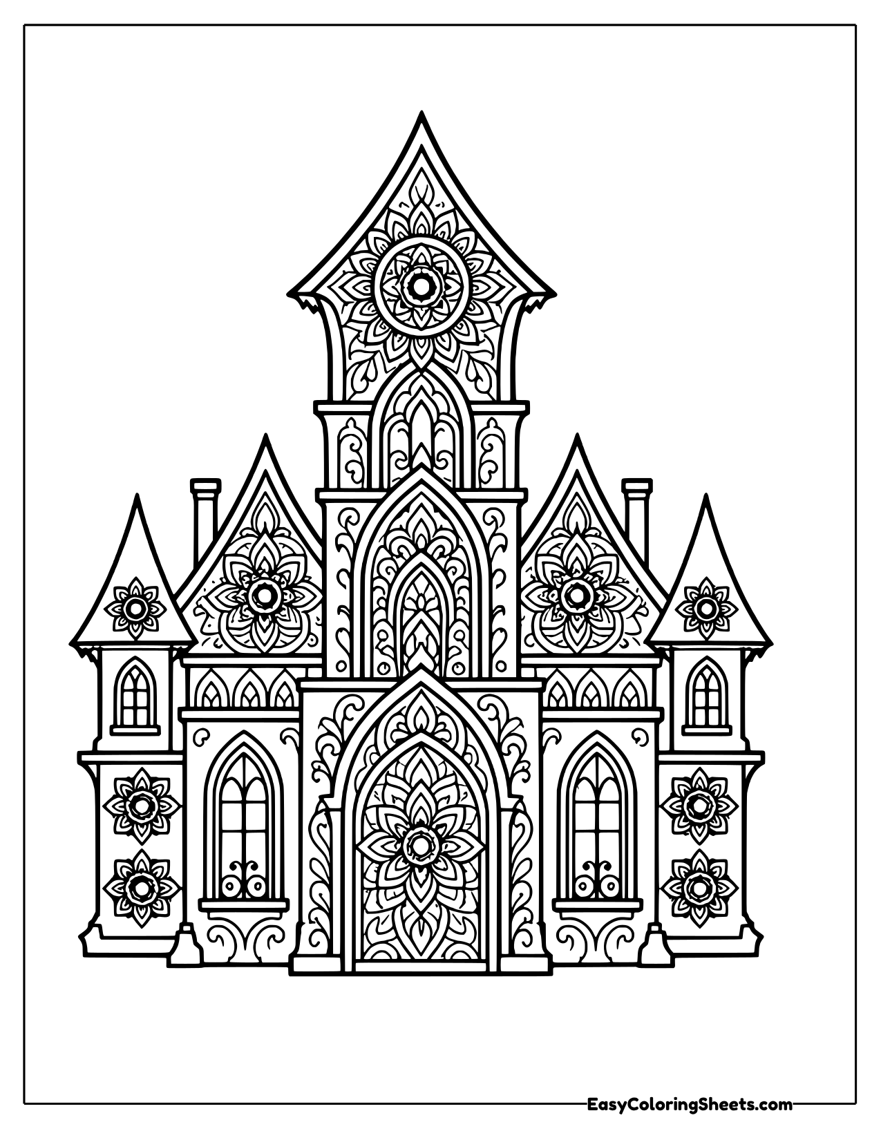 Tall haunted mansion with spires, arched windows and mandala medallions