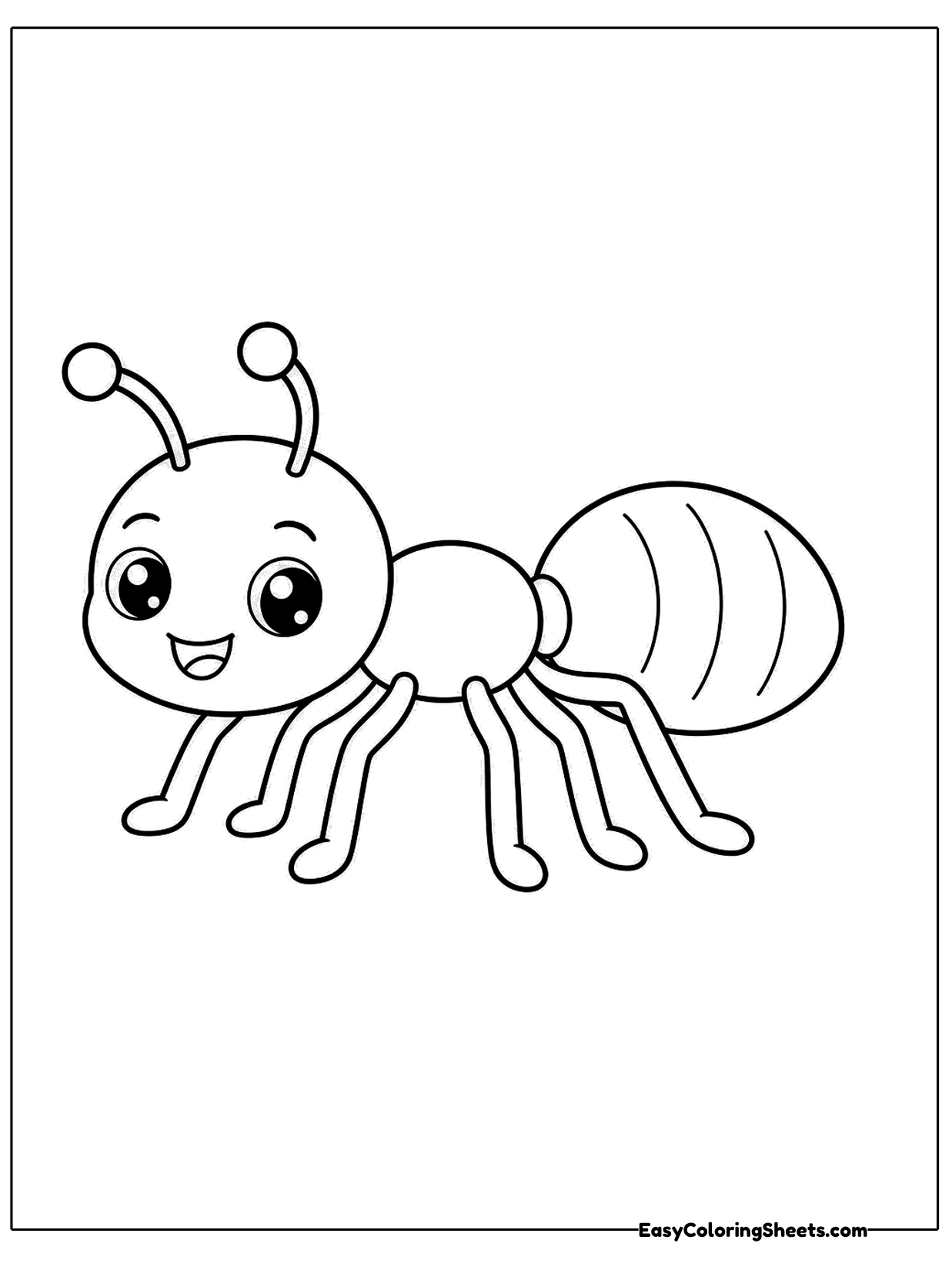 A smiling ant with a striped rear section, curled antennae and thin legs walks across the page.