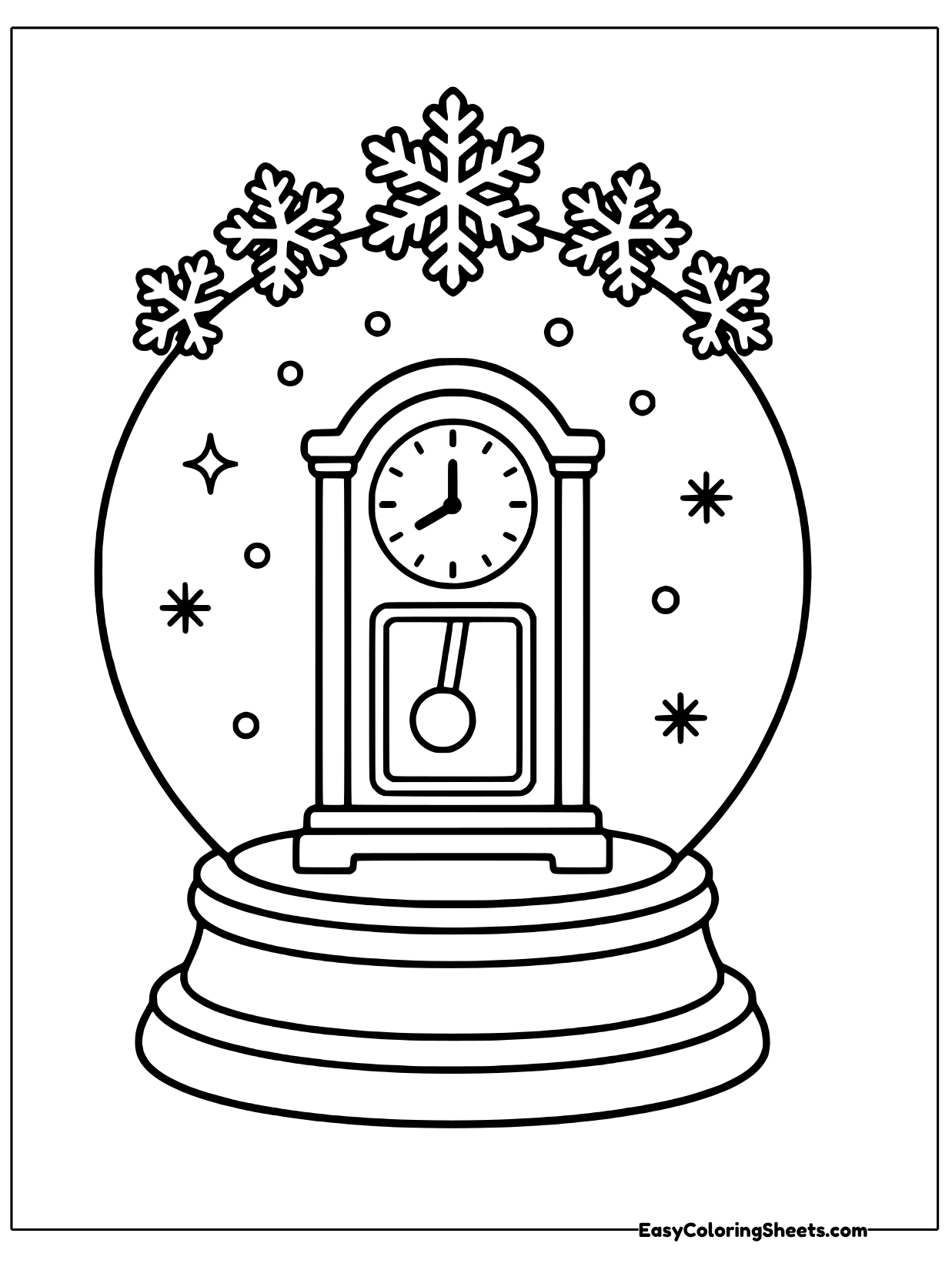 A snow globe holds a tiny grandfather clock with a swinging pendulum, with snowflakes decorating the top of the glass.