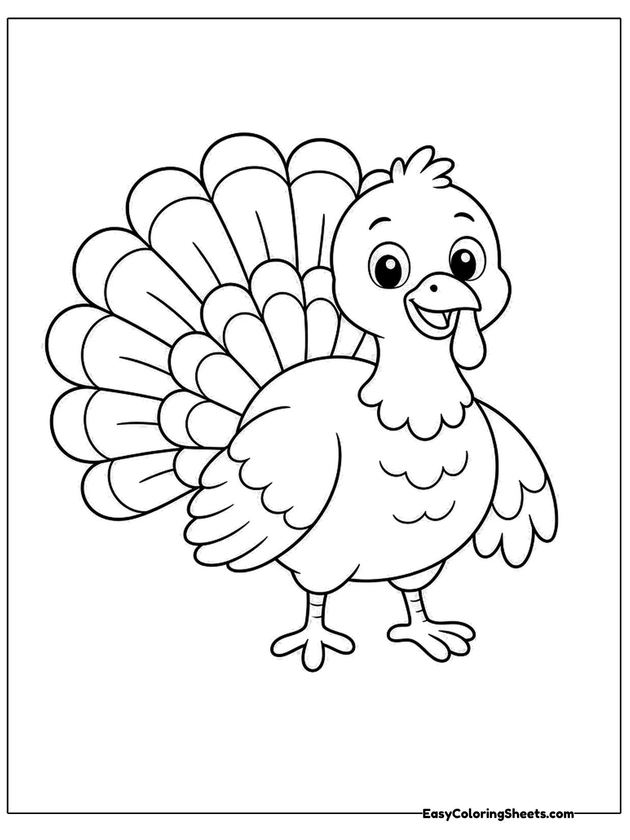 A cheerful turkey with a round body, a red wattle and a huge fan of tail feathers stands on two feet.