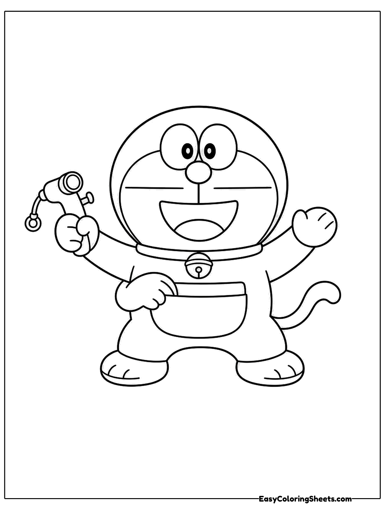 A robot cat with a big smile holds up a little gadget from its tummy pouch.