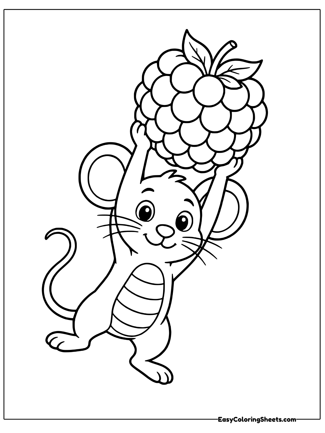 A strong little mouse with big round ears lifts a giant raspberry high above its head.