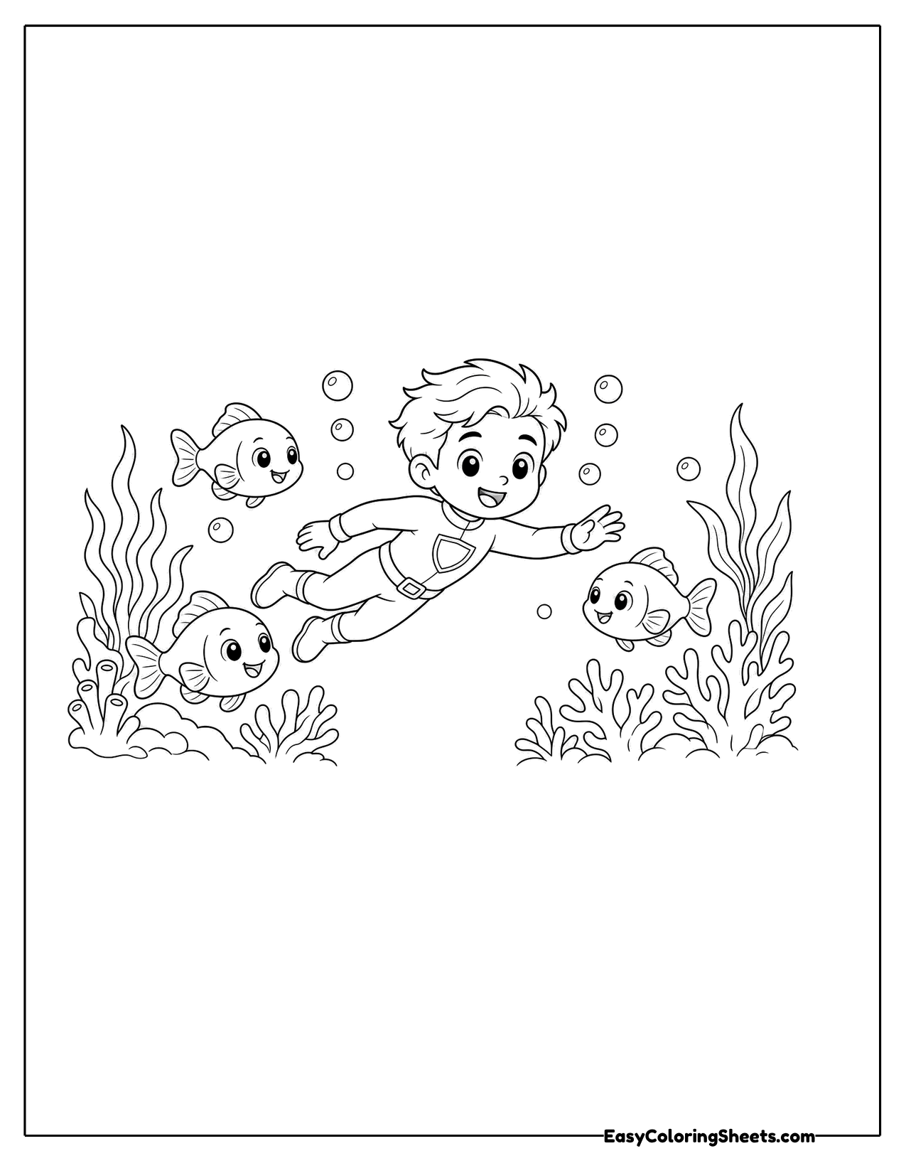 Underwater hero swimming with fish and seaweed