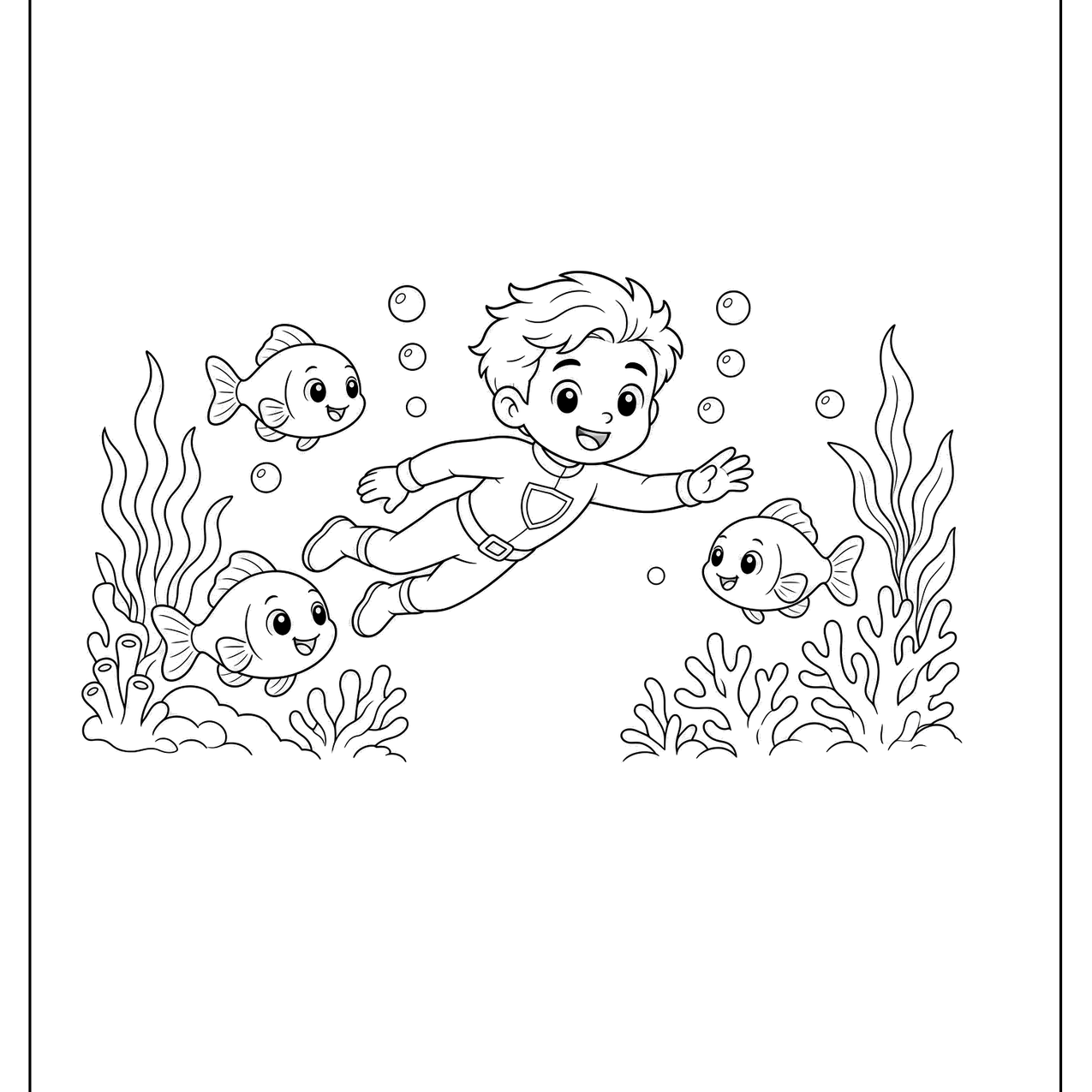 Underwater hero swimming with fish and seaweed