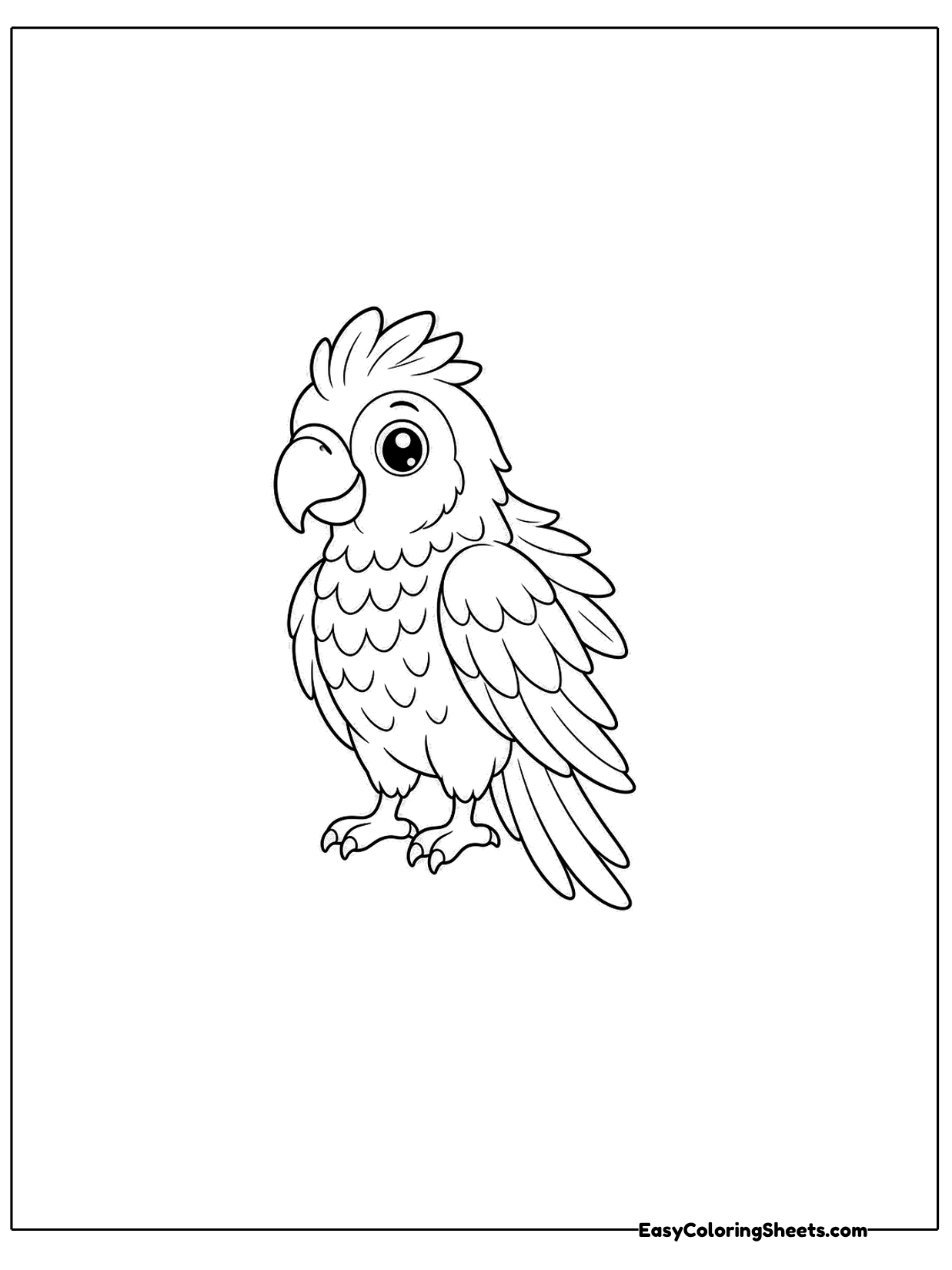 A parrot with a tall feathered crest stands upright with its long tail touching the ground.