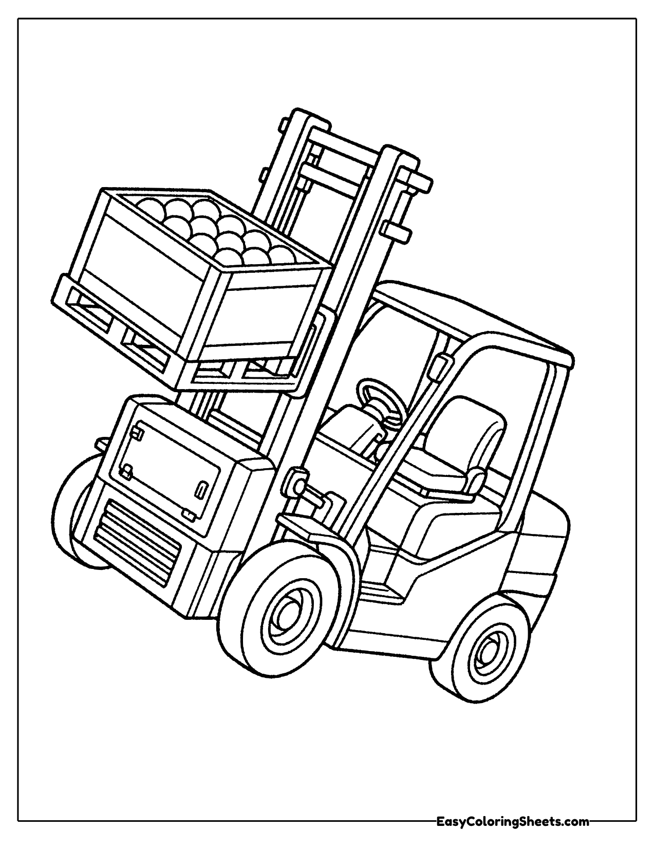 Forklift tipping back a wooden crate filled with oranges