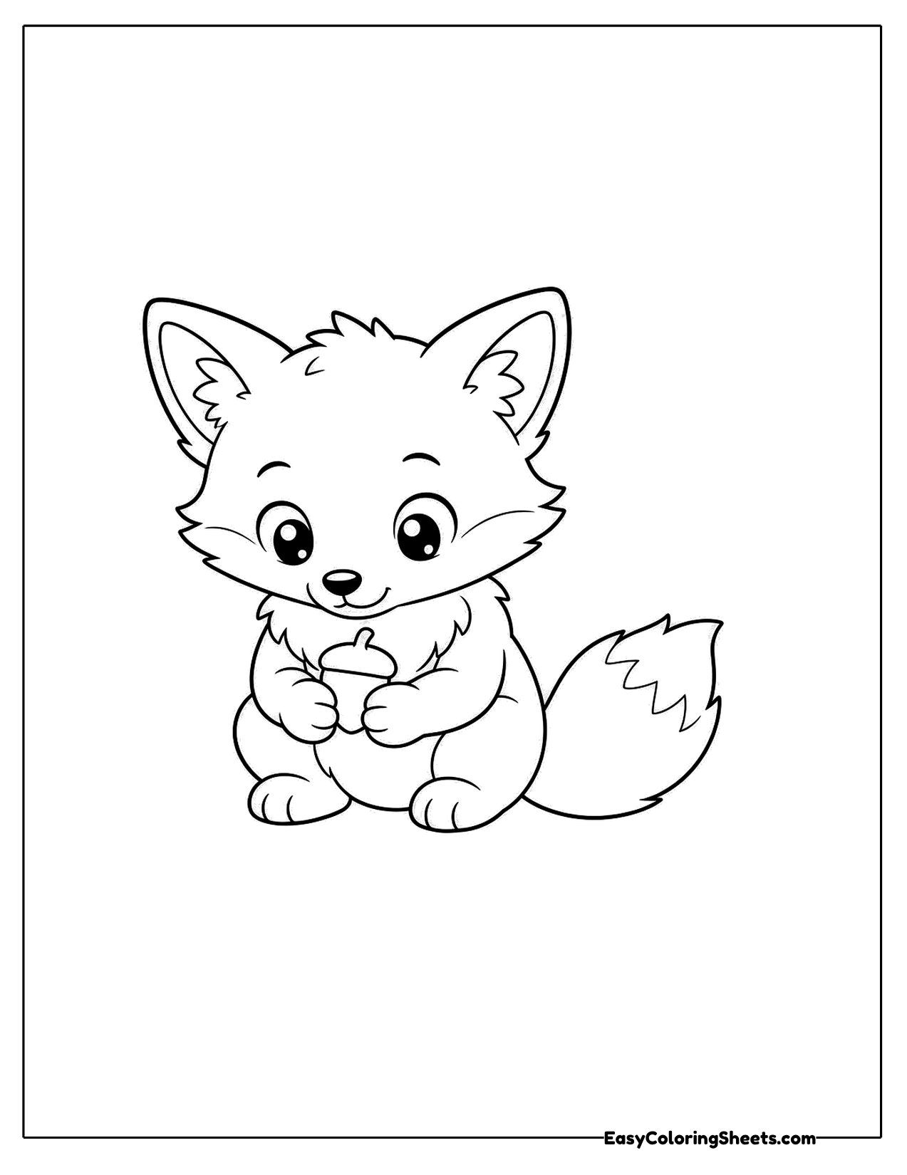 Small fox sitting and holding an acorn in its paws