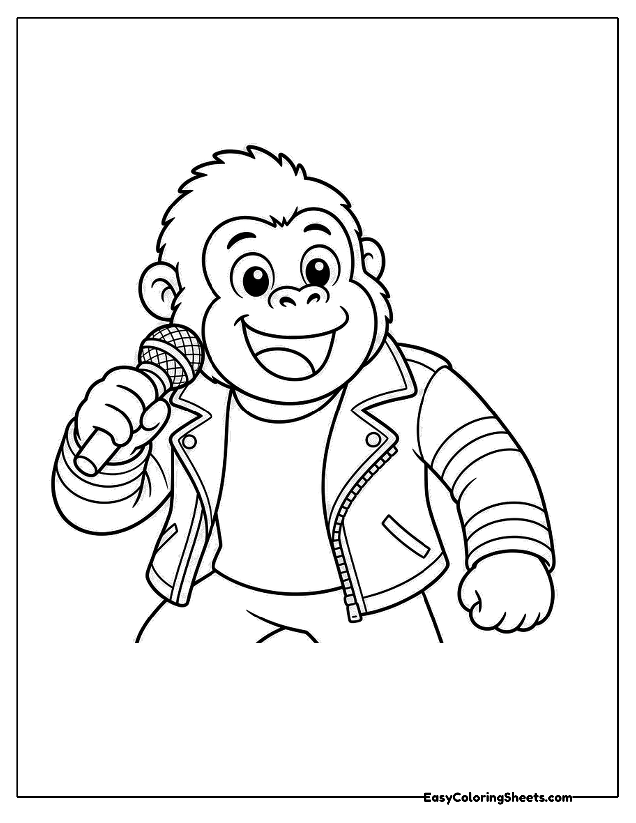 Cartoon gorilla in a leather jacket singing into a microphone