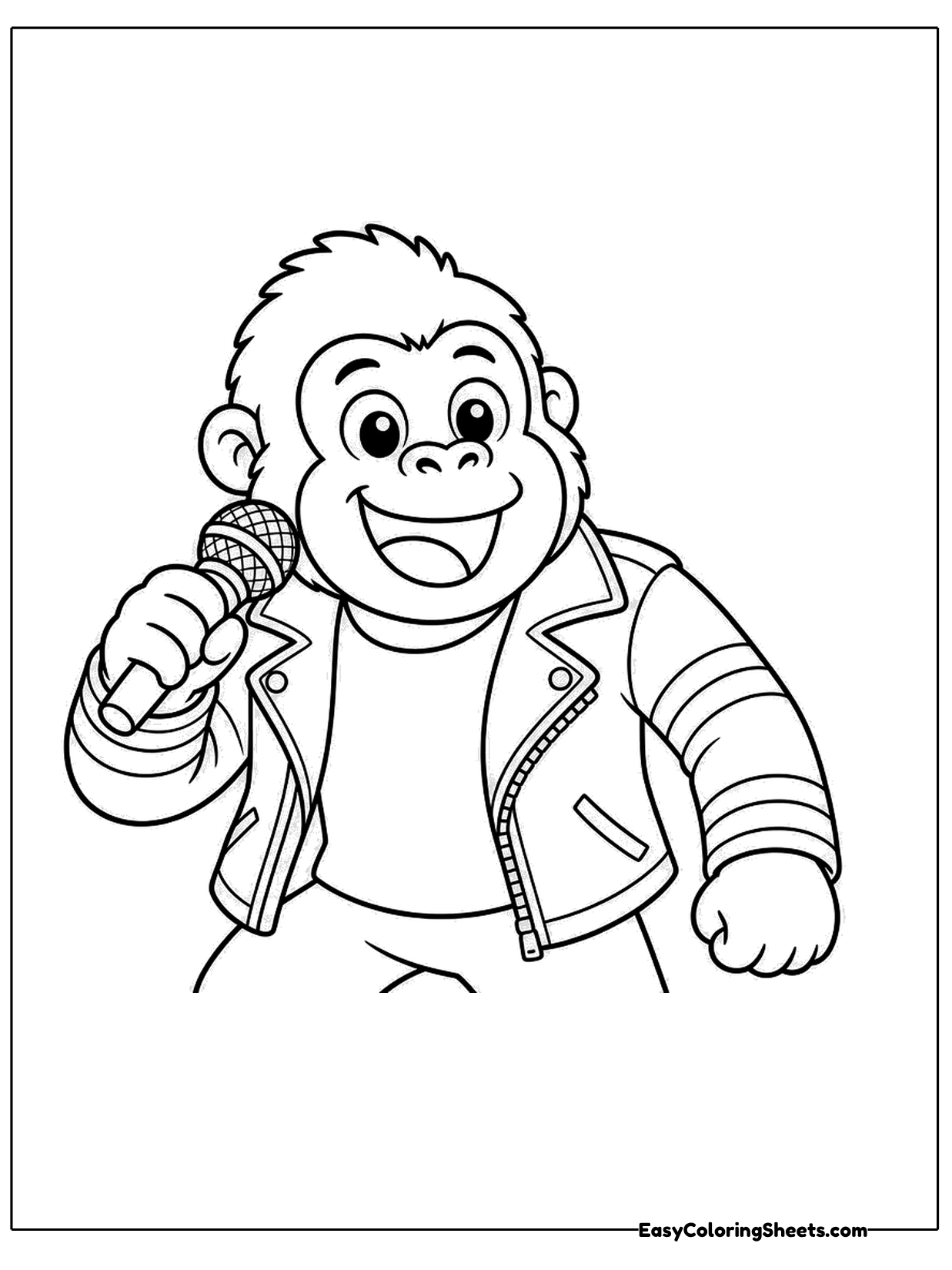 A young gorilla in a zippered jacket belts out a song into a handheld microphone.