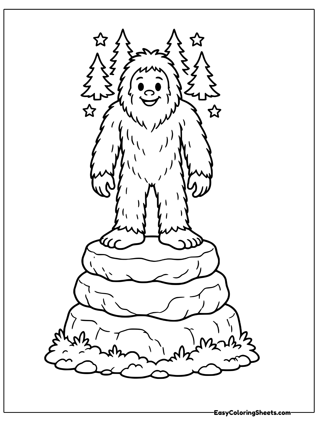 A Bigfoot stands proudly on a stack of round rocks with pine trees and stars behind it.