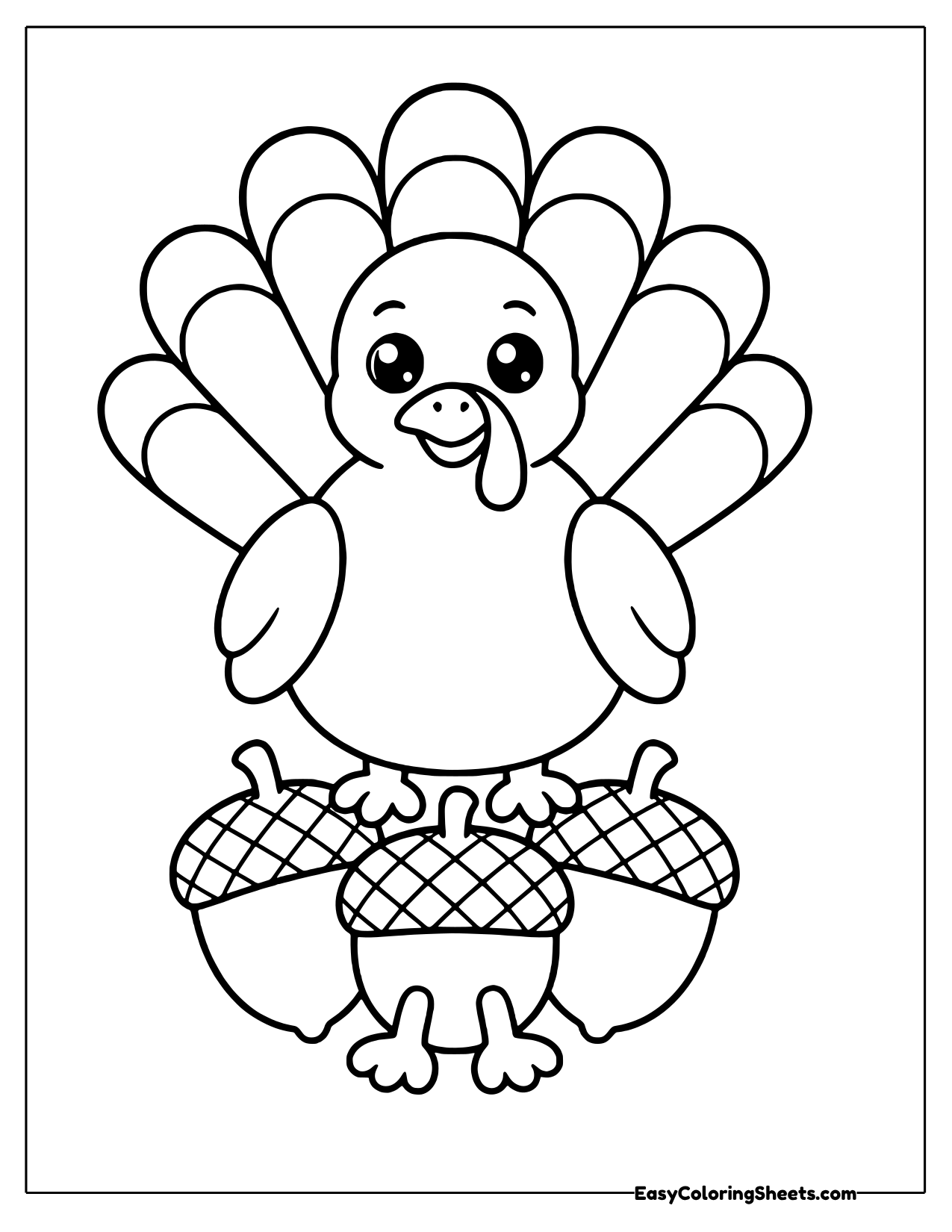 Turkey standing on a pile of acorns