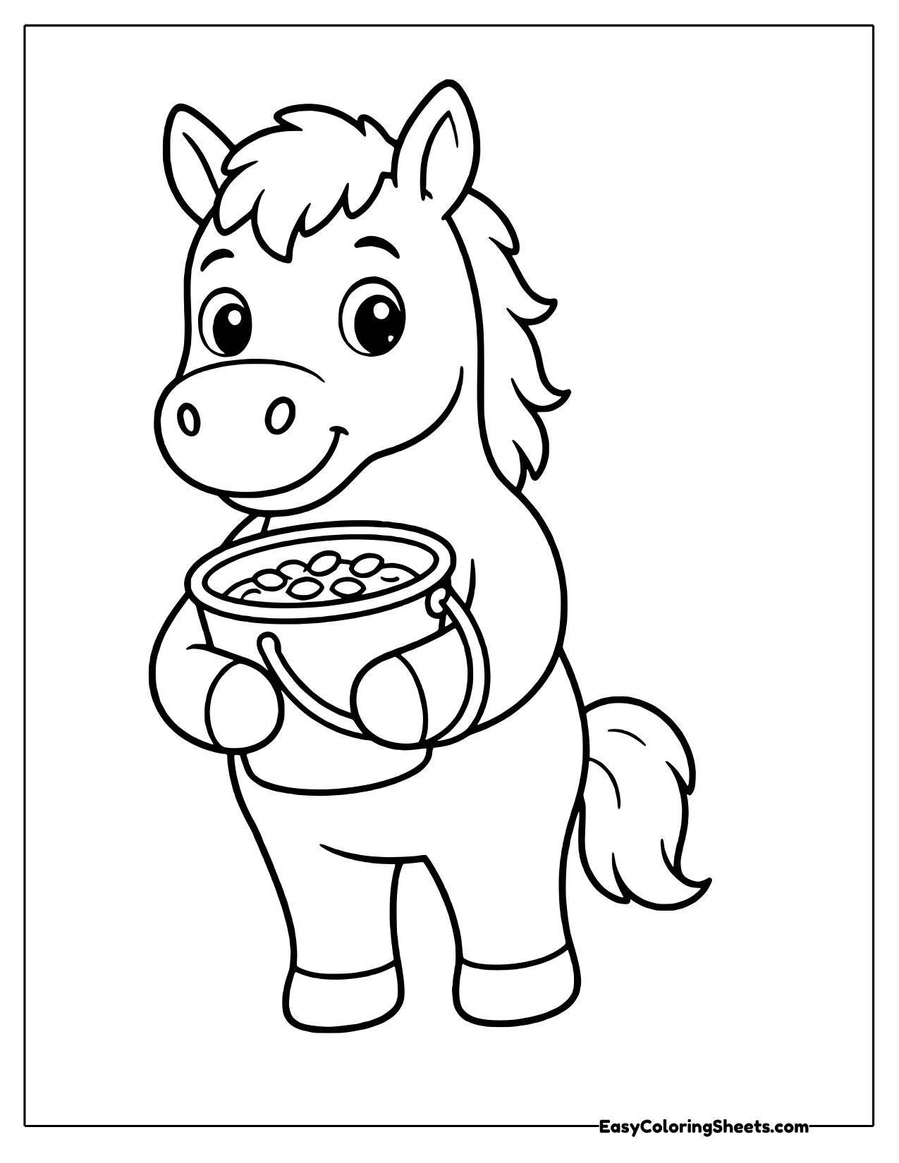 Little horse standing upright holding a bucket full of oats