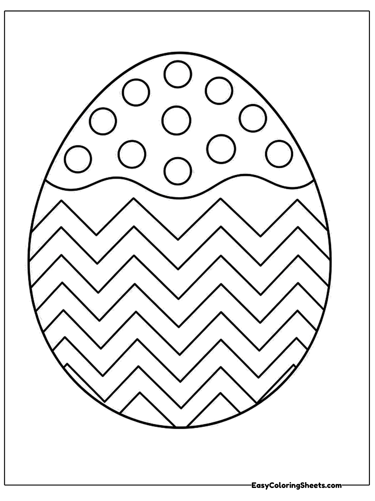 A tall egg is decorated with rows of dots at the top and zigzag lines across the rest of its shell.