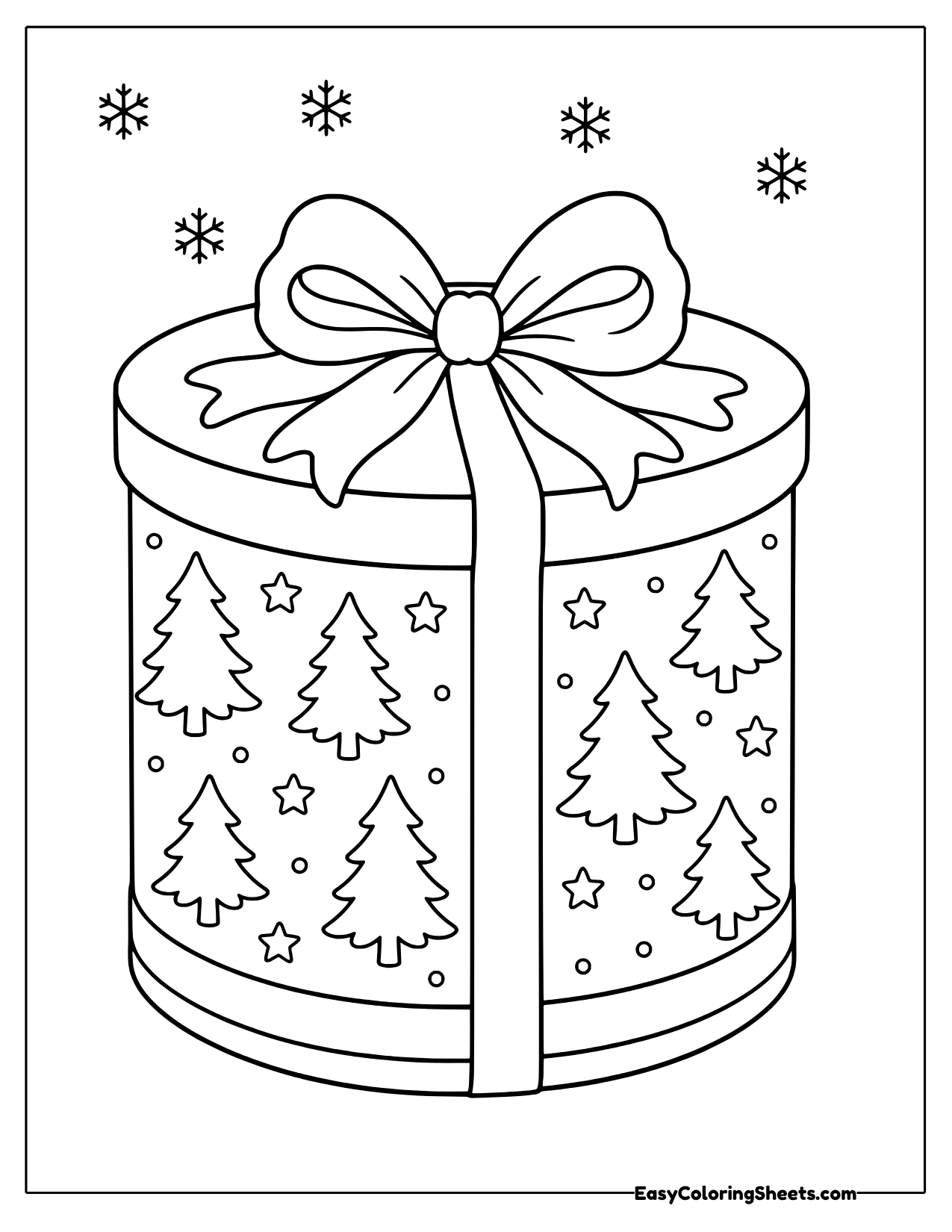 Round Christmas present box with a bow and tree pattern