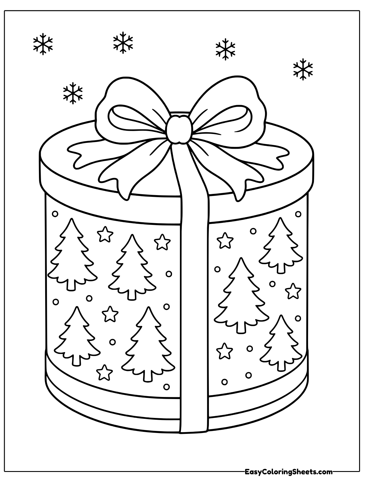 A round hatbox-style Christmas present is decorated with little Christmas trees, stars and dots.