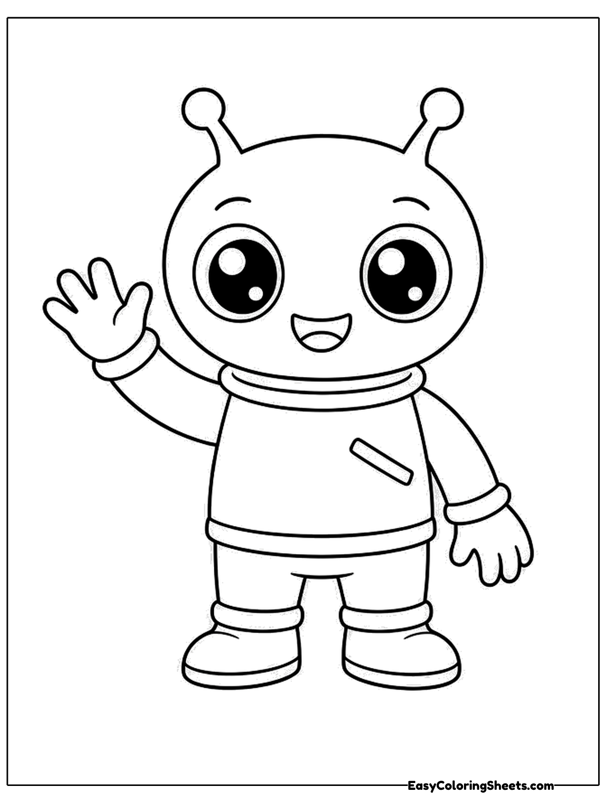 A friendly alien in a simple space suit waves with one hand and smiles.