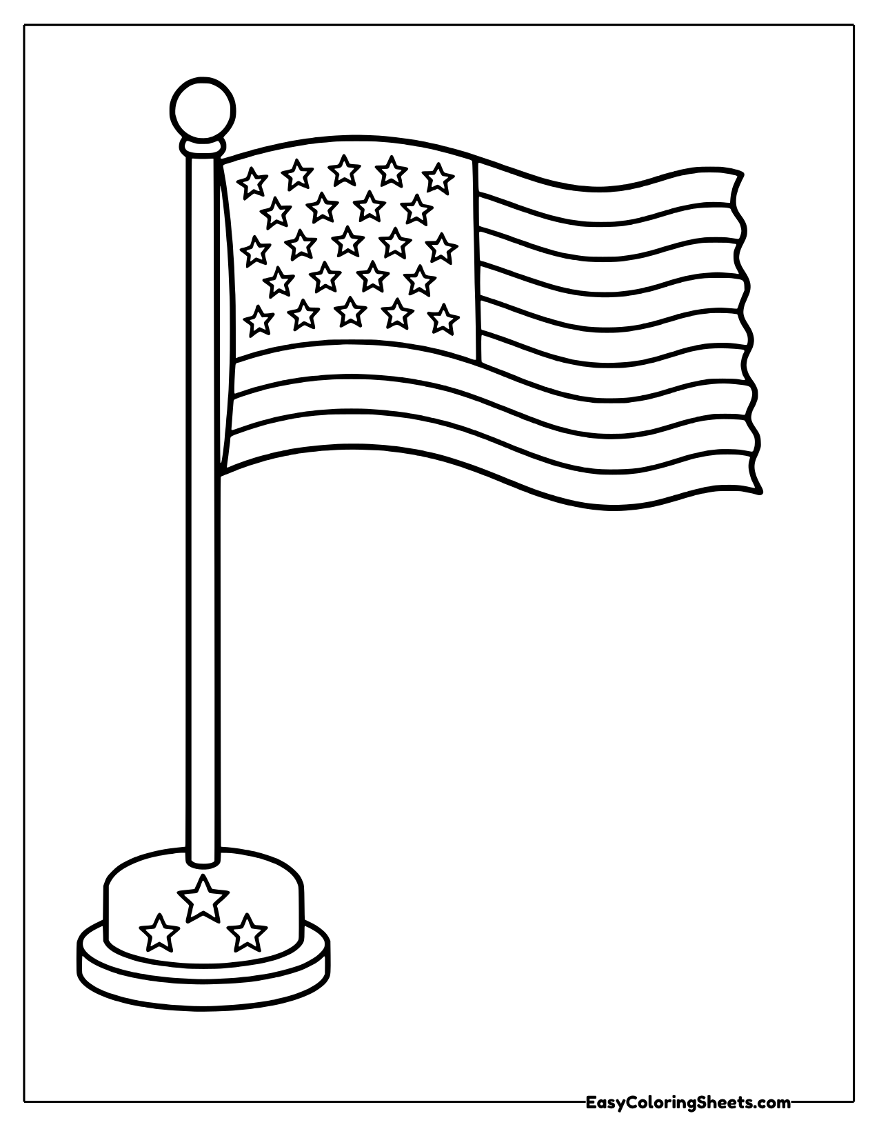 American flag waving from a tall pole on a star-decorated base
