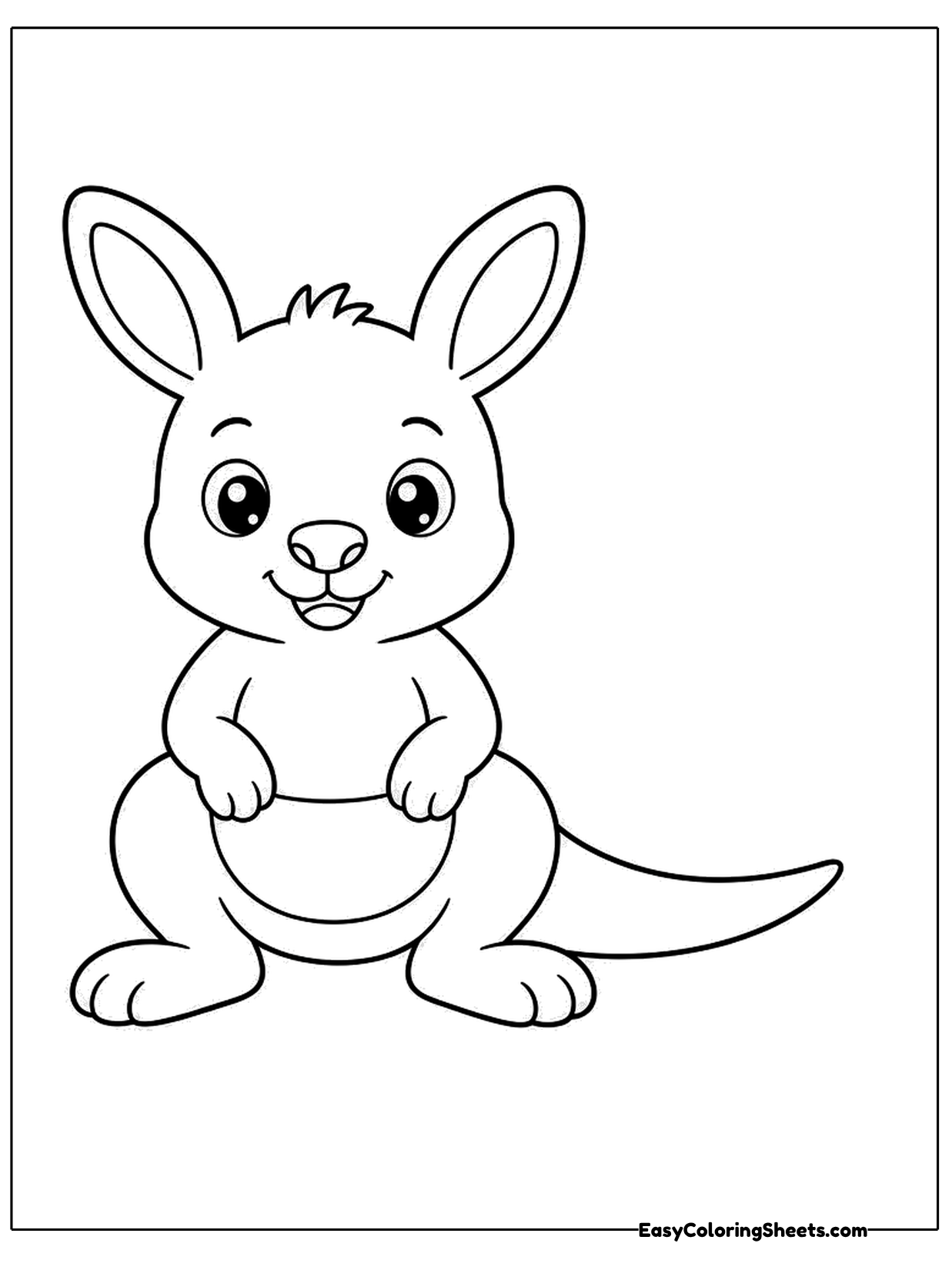 A friendly cartoon kangaroo stands with its paws tucked in front of its round belly and its tail stretching behind.