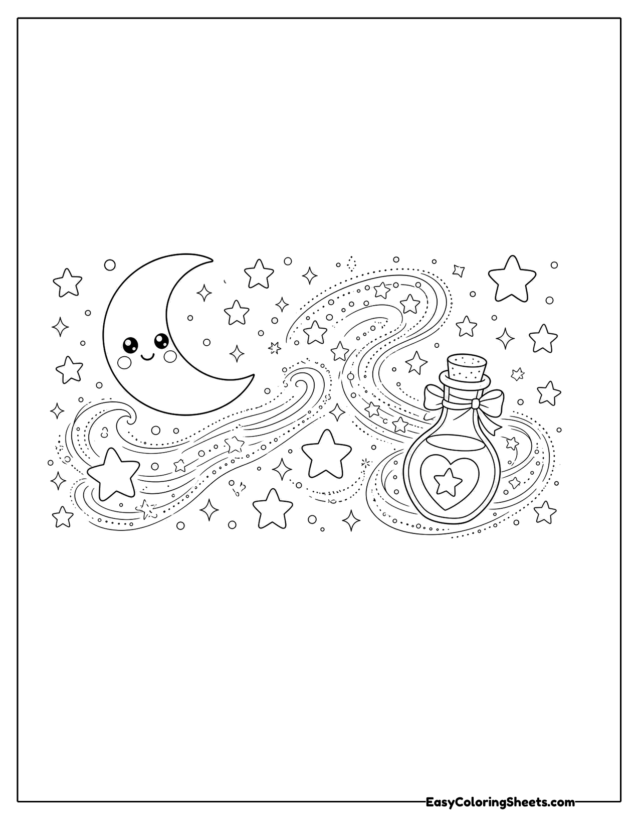 Magic swirl with moon, stars and a potion bottle