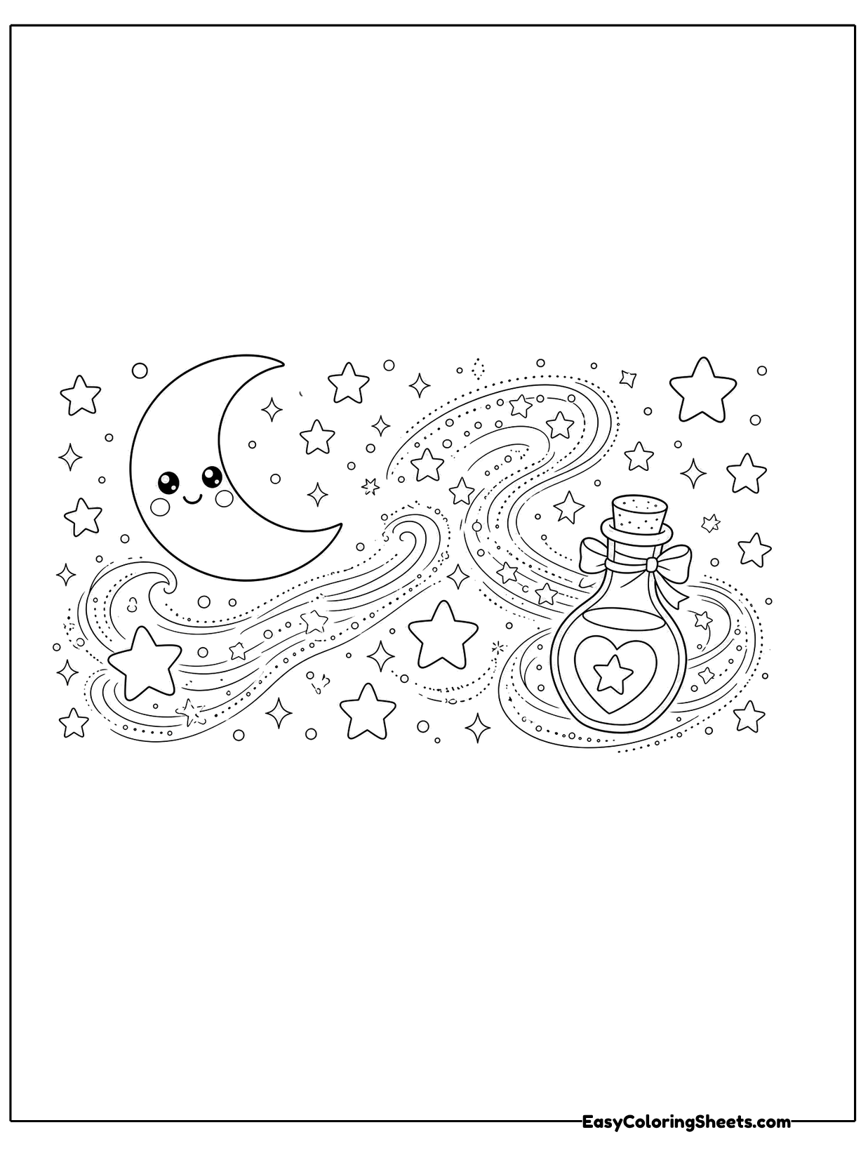 A wide band of swirling magic flows across the page carrying a smiling crescent moon, tiny stars and a small potion bottle.