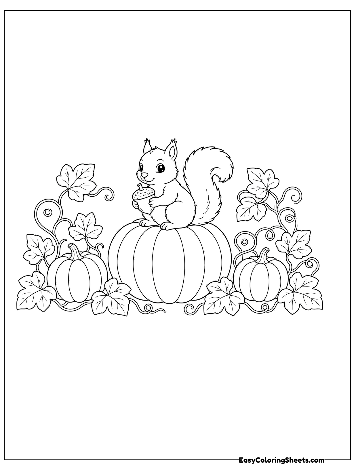 A squirrel perches on top of a large pumpkin surrounded by smaller pumpkins, curling vines and leaves.