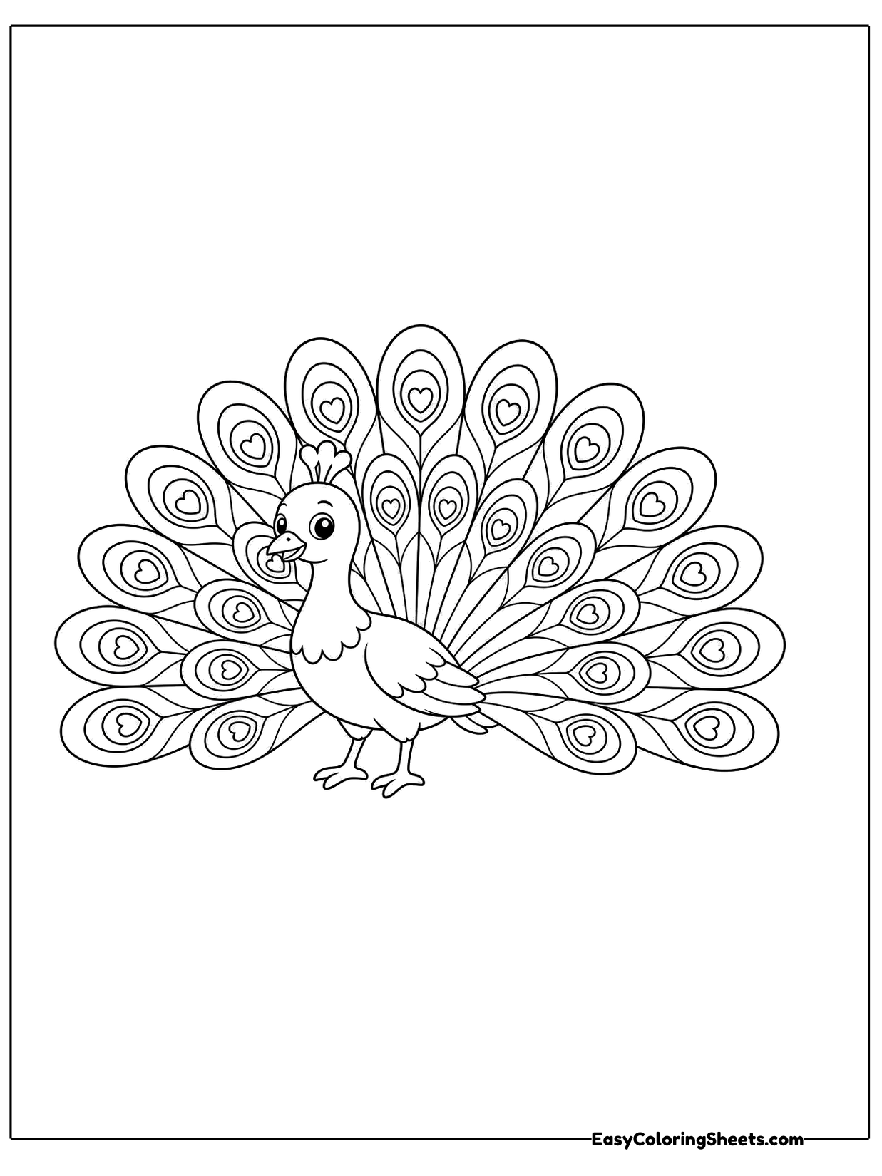 A small peacock stands in front of a wide half circle of patterned feathers.