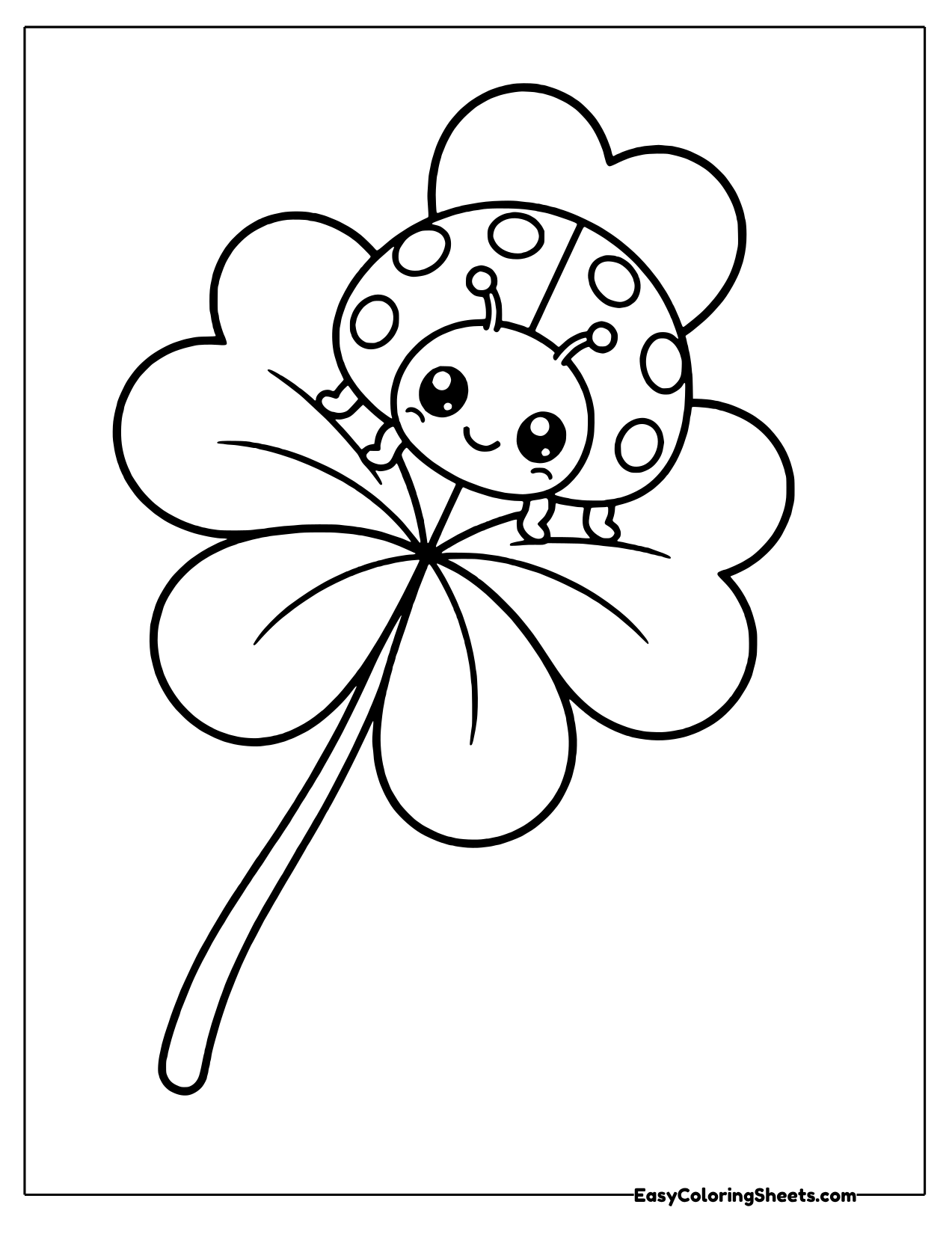 Smiling ladybug sitting on a large four leaf clover