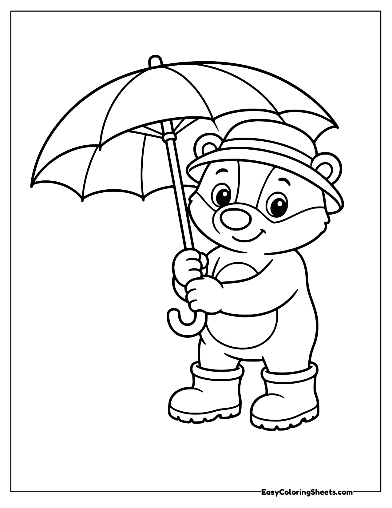 Badger in a bucket hat and rain boots holding an open umbrella