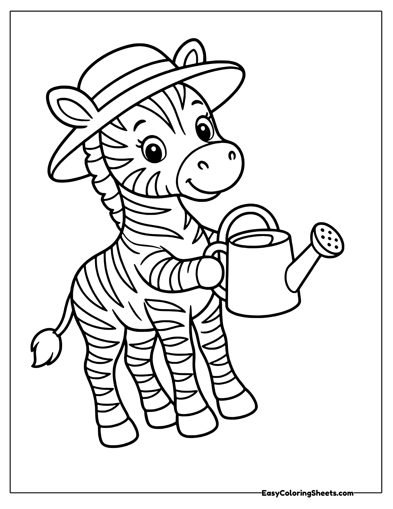 Zebra in a sun hat holding a watering can