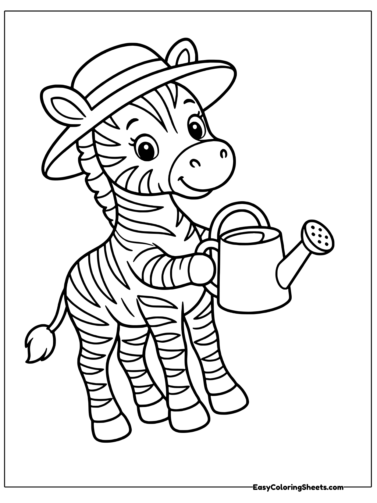 A garden-loving zebra in a wide brimmed sun hat holds a watering can, ready to give the flowers a drink.