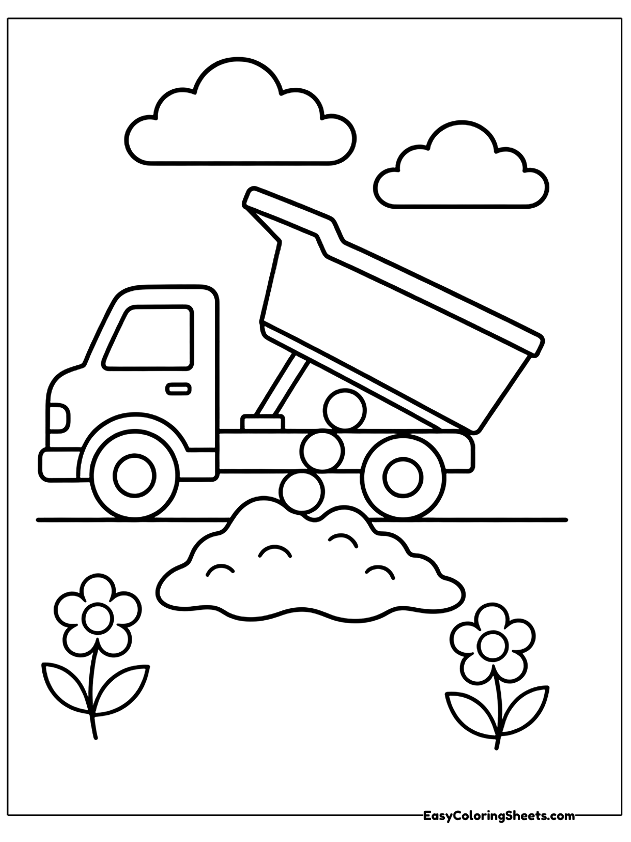 A simple dump truck tips its bed to pour a pile of sand, with clouds above and flowers on the ground.