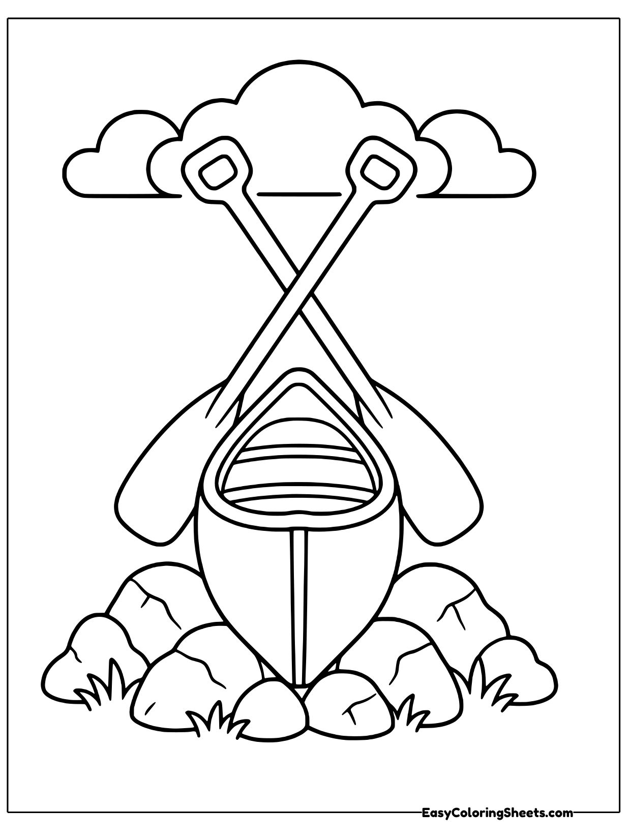 A canoe stands upright between rocks with two paddles crossed in an X above it.