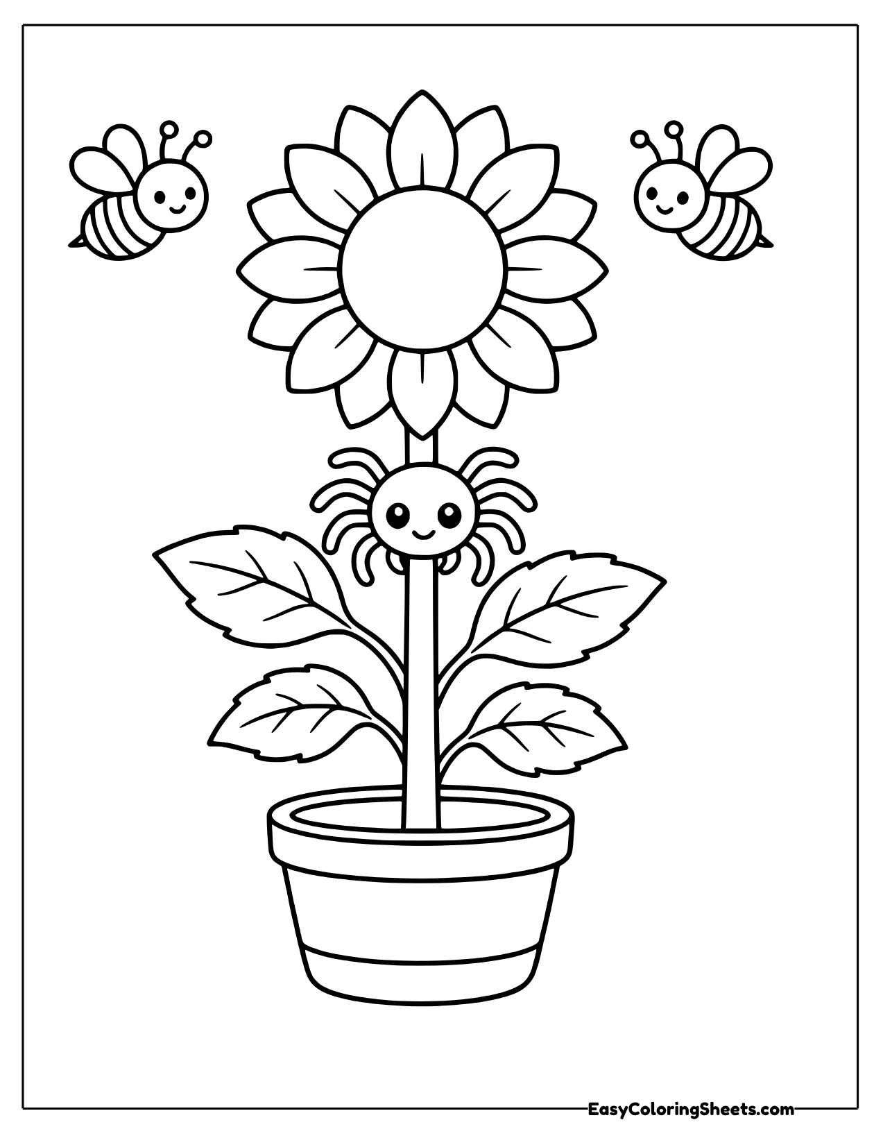 Spider climbing a sunflower in a flower pot