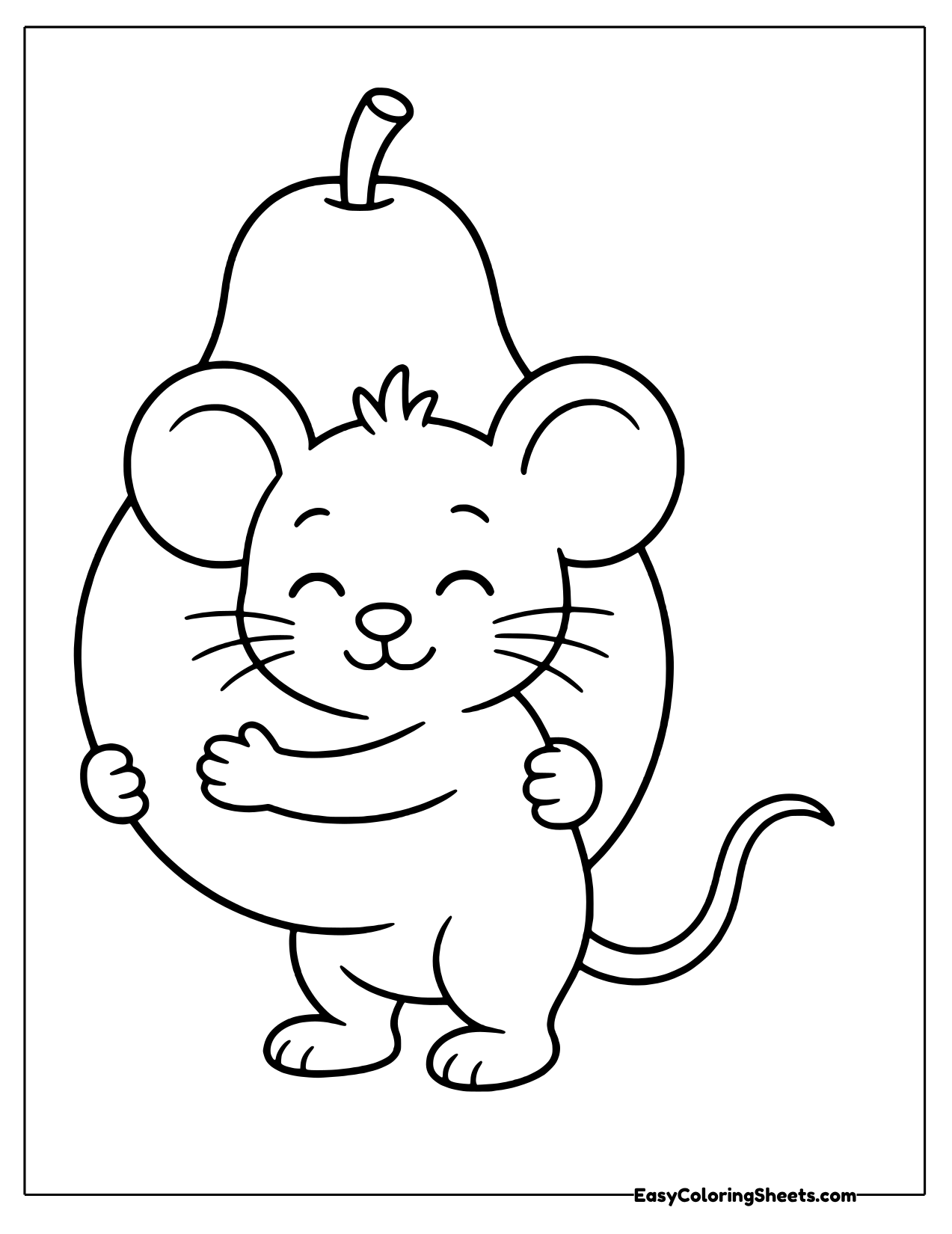 Tiny mouse hugging a giant pear