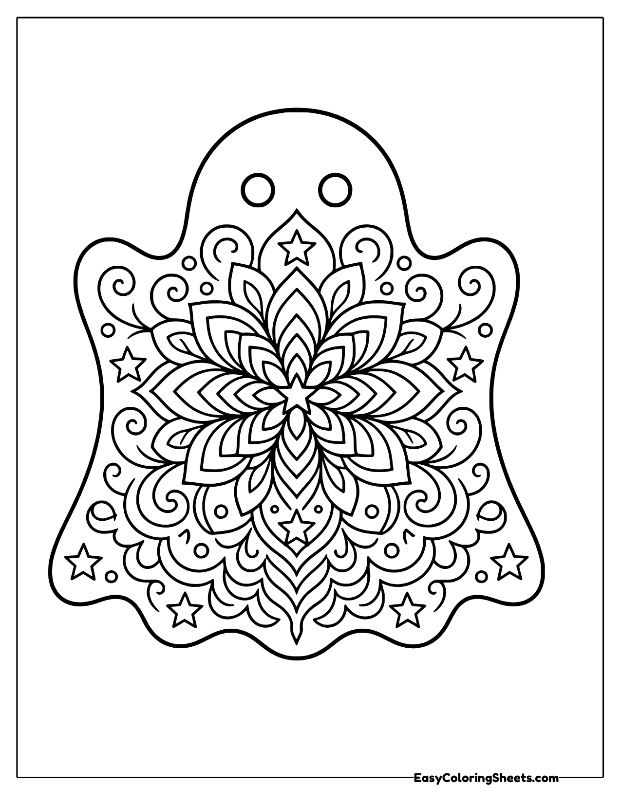 Ghost shape filled with a layered petal mandala and small stars