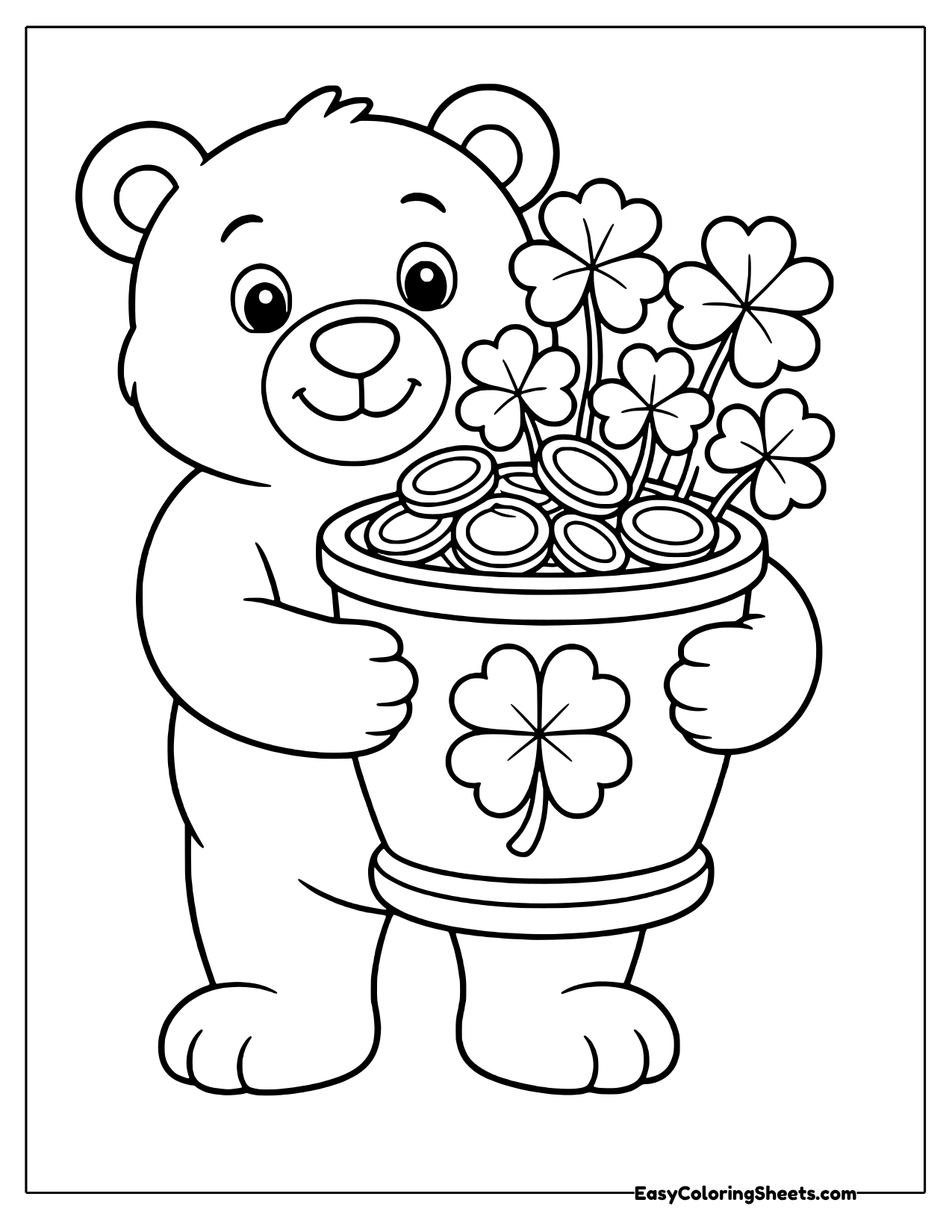 Smiling bear hugging a pot of gold coins topped with clover leaves