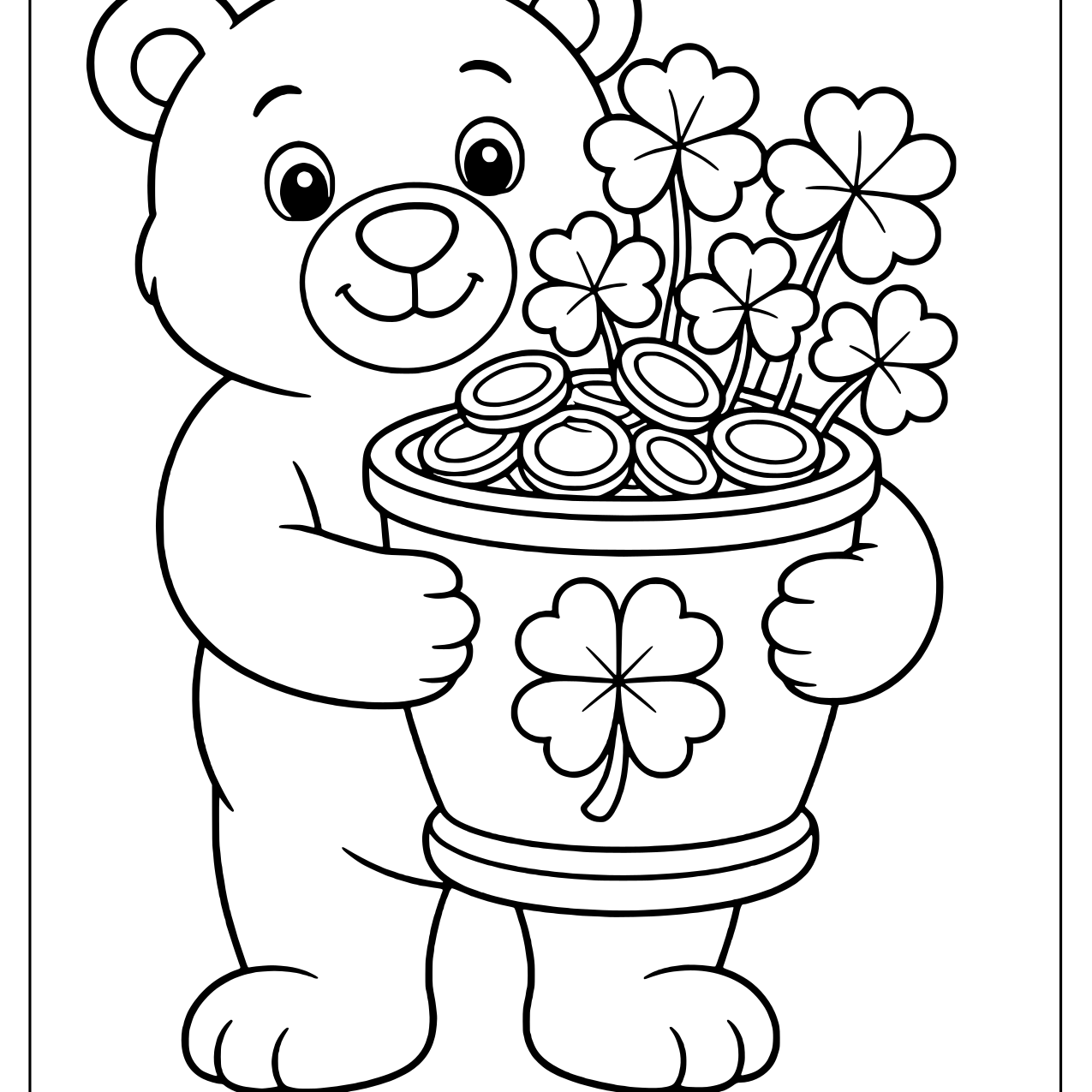 Smiling bear hugging a pot of gold coins topped with clover leaves