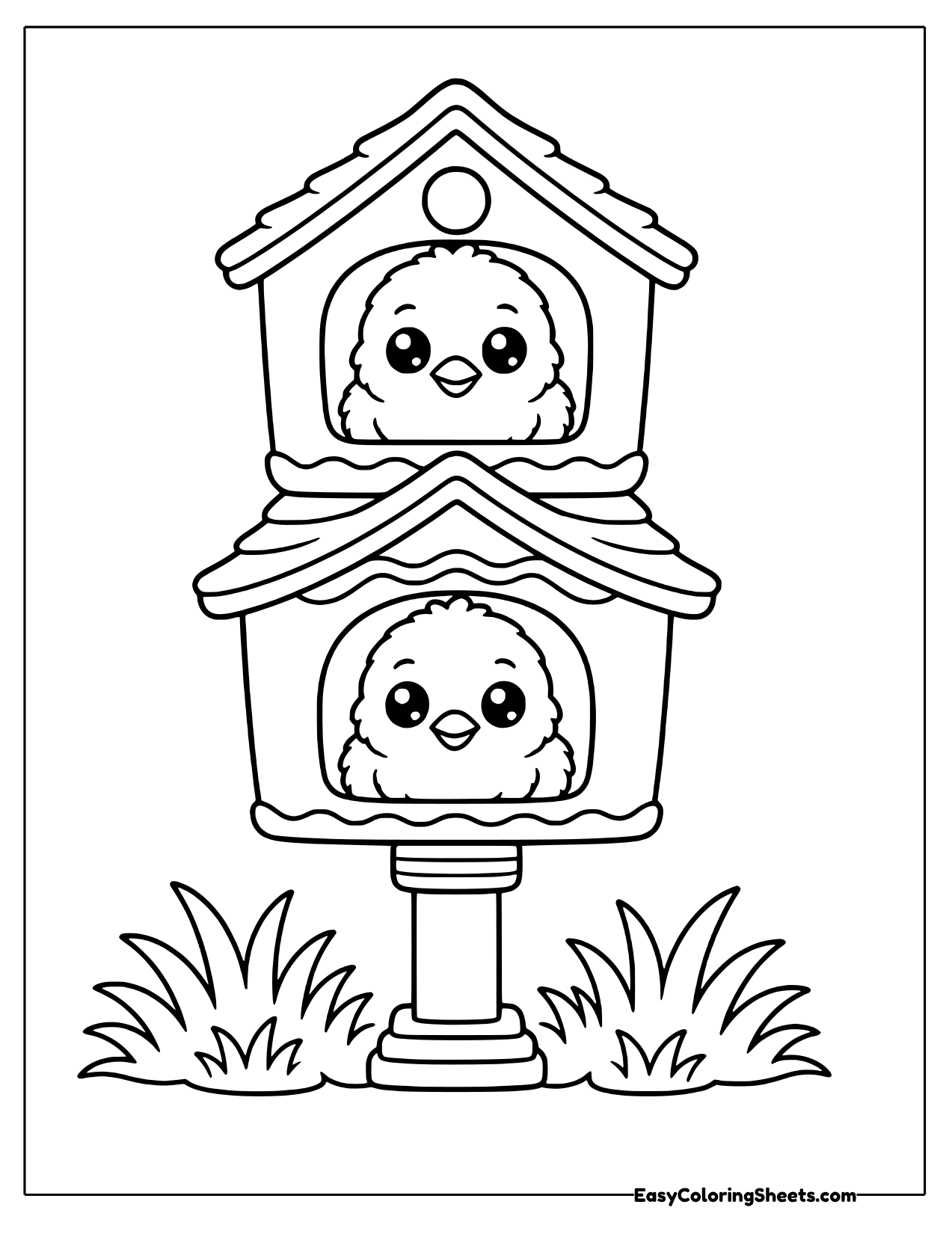 Two chicks peeking from a double birdhouse