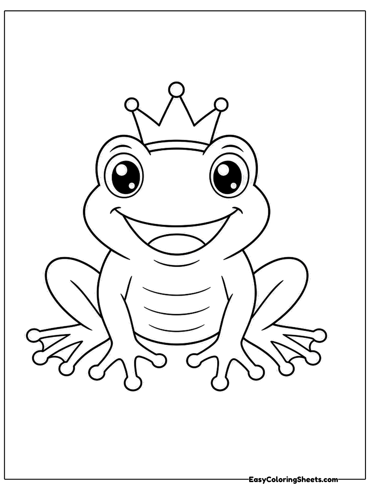 A happy frog sits with a tiny pointed crown resting on its head, like the frog prince from old fairy tales.