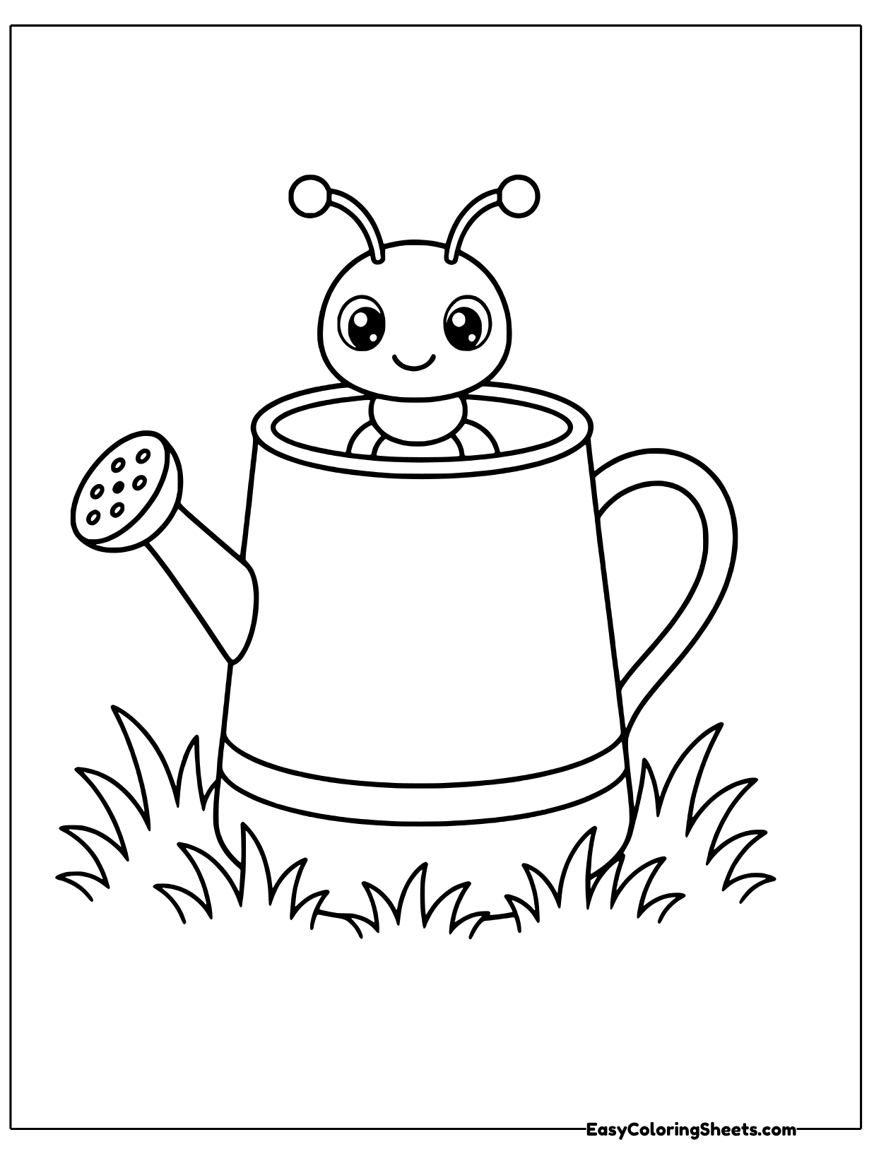 An ant peeks out of the top of a watering can that sits in the grass.