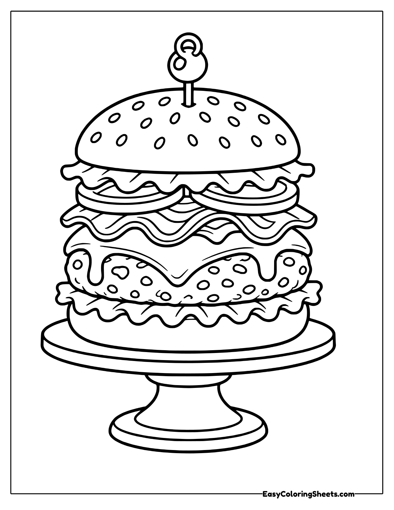 Towering burger on a cake stand topped with a pick