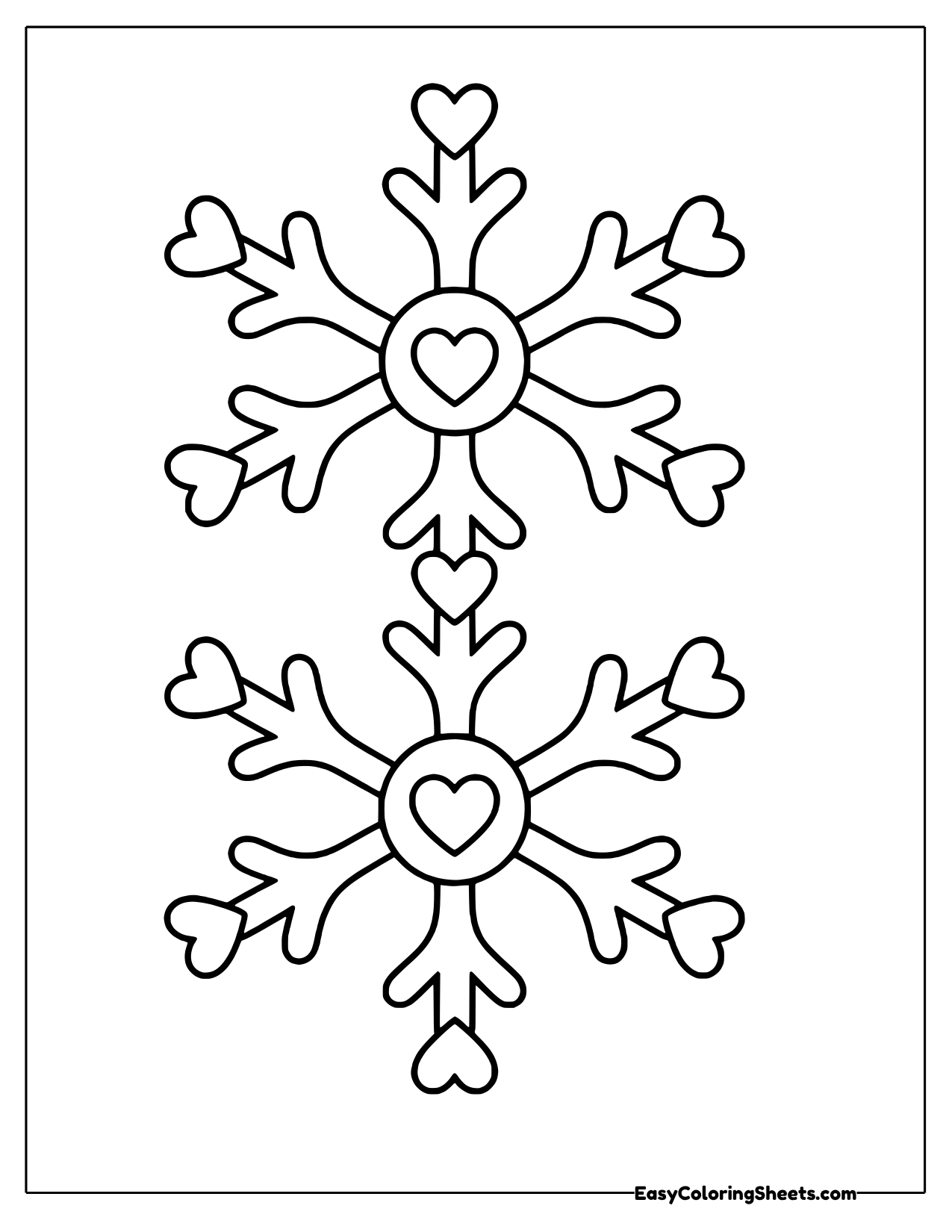 Two snowflakes stacked with little hearts at the tips