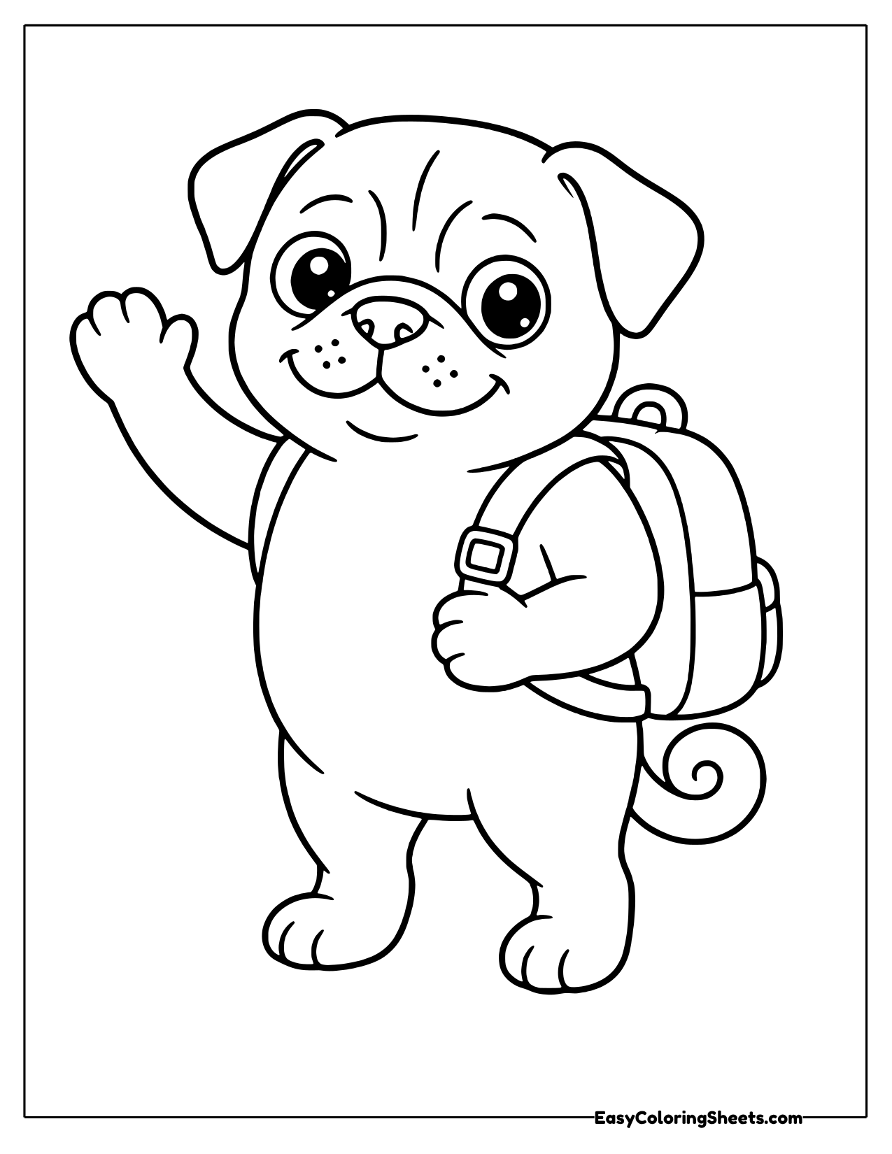 Happy pug waving hello while wearing a roomy backpack