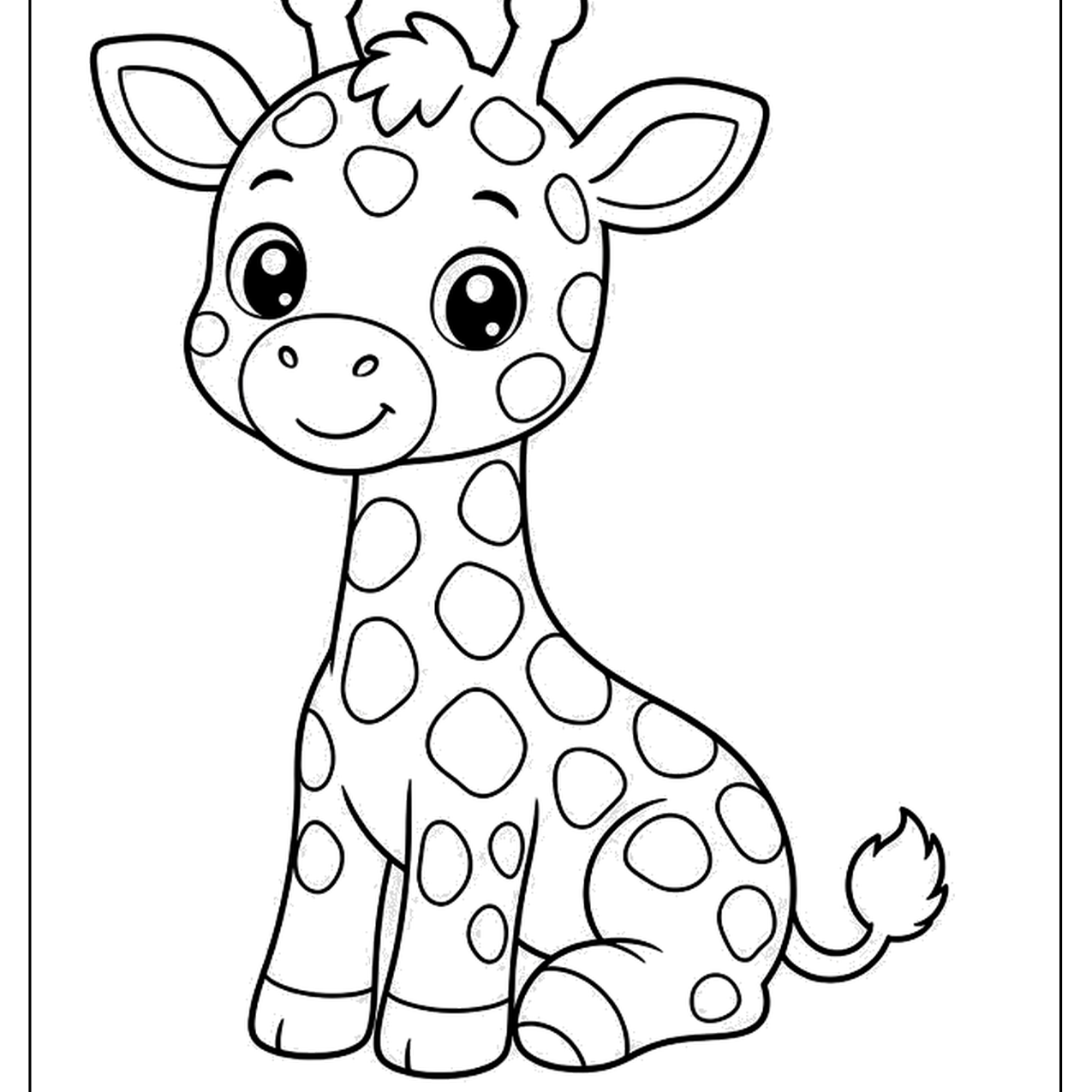 Spotted baby giraffe sitting with big eyes and a smile