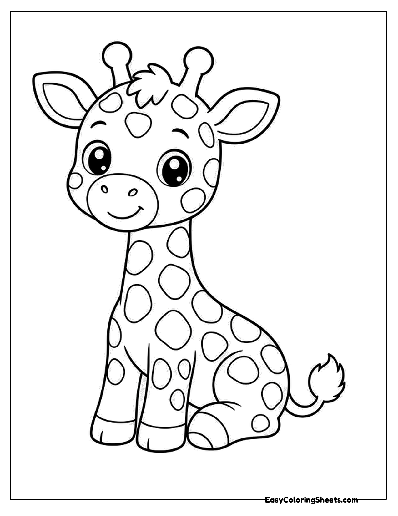 Spotted baby giraffe sitting with big eyes and a smile
