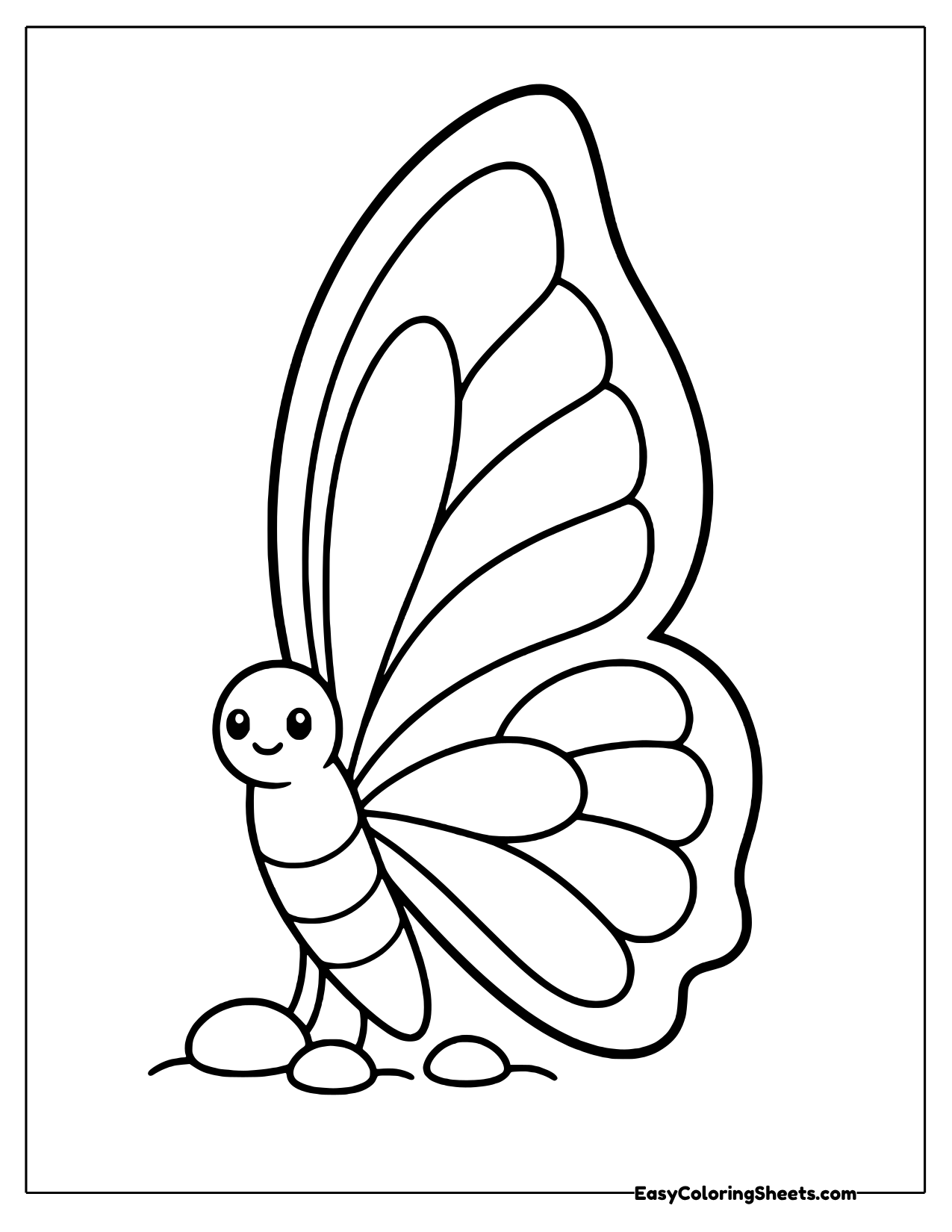 A butterfly sits with its tall wings folded up together, showing curved stripes, and a cute face peeking out on one side.