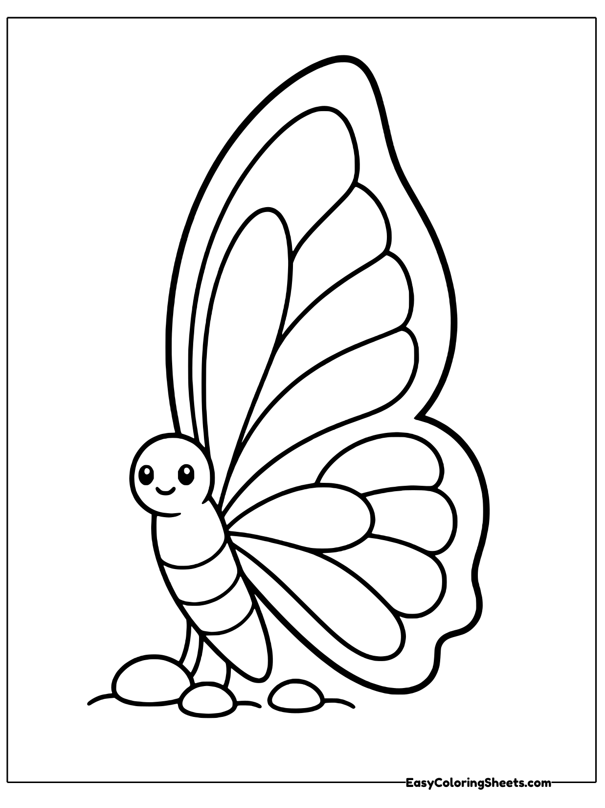 A butterfly sits with its tall wings folded up together, showing curved stripes, and a cute face peeking out on one side.