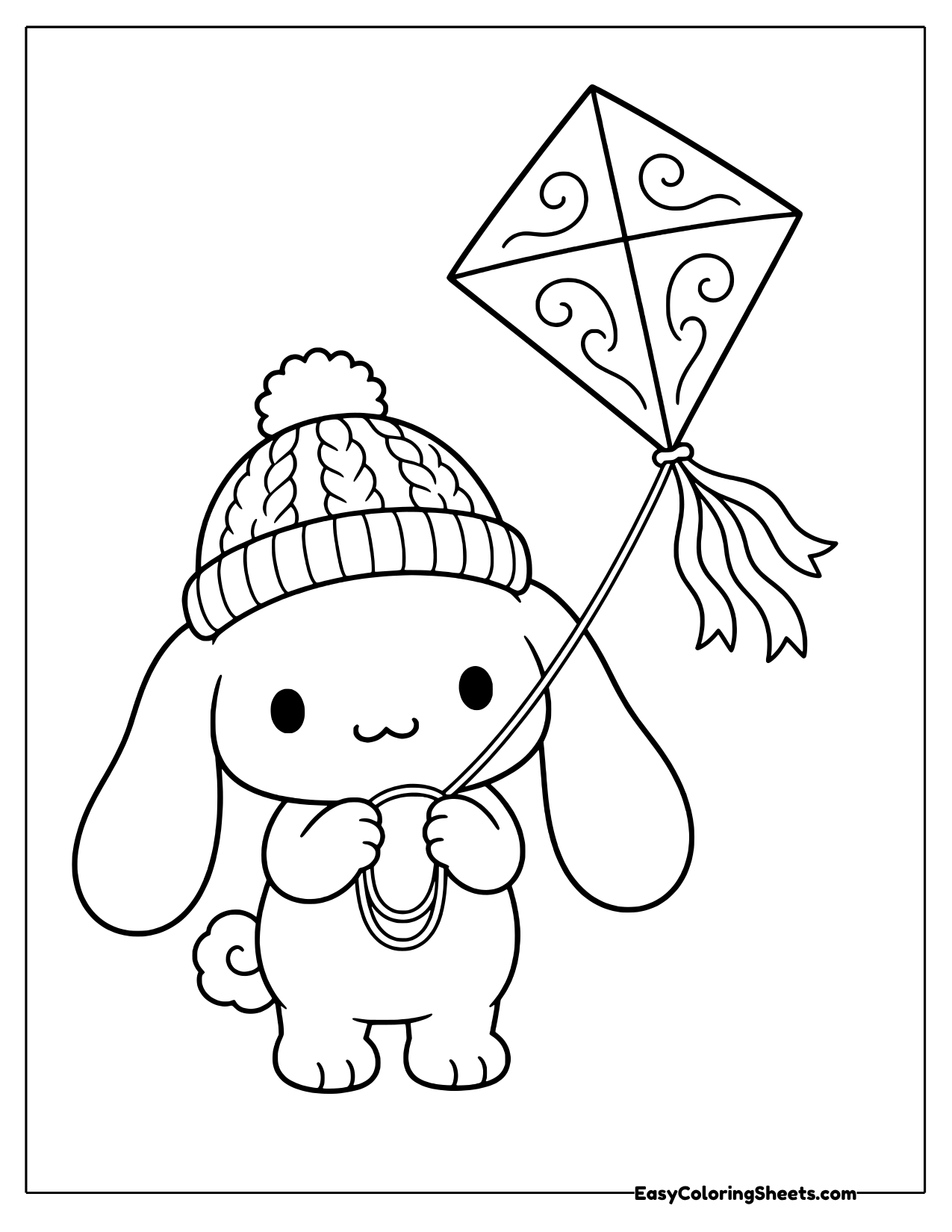 Cinnamoroll in a pom pom beanie holding the string of a flying diamond kite