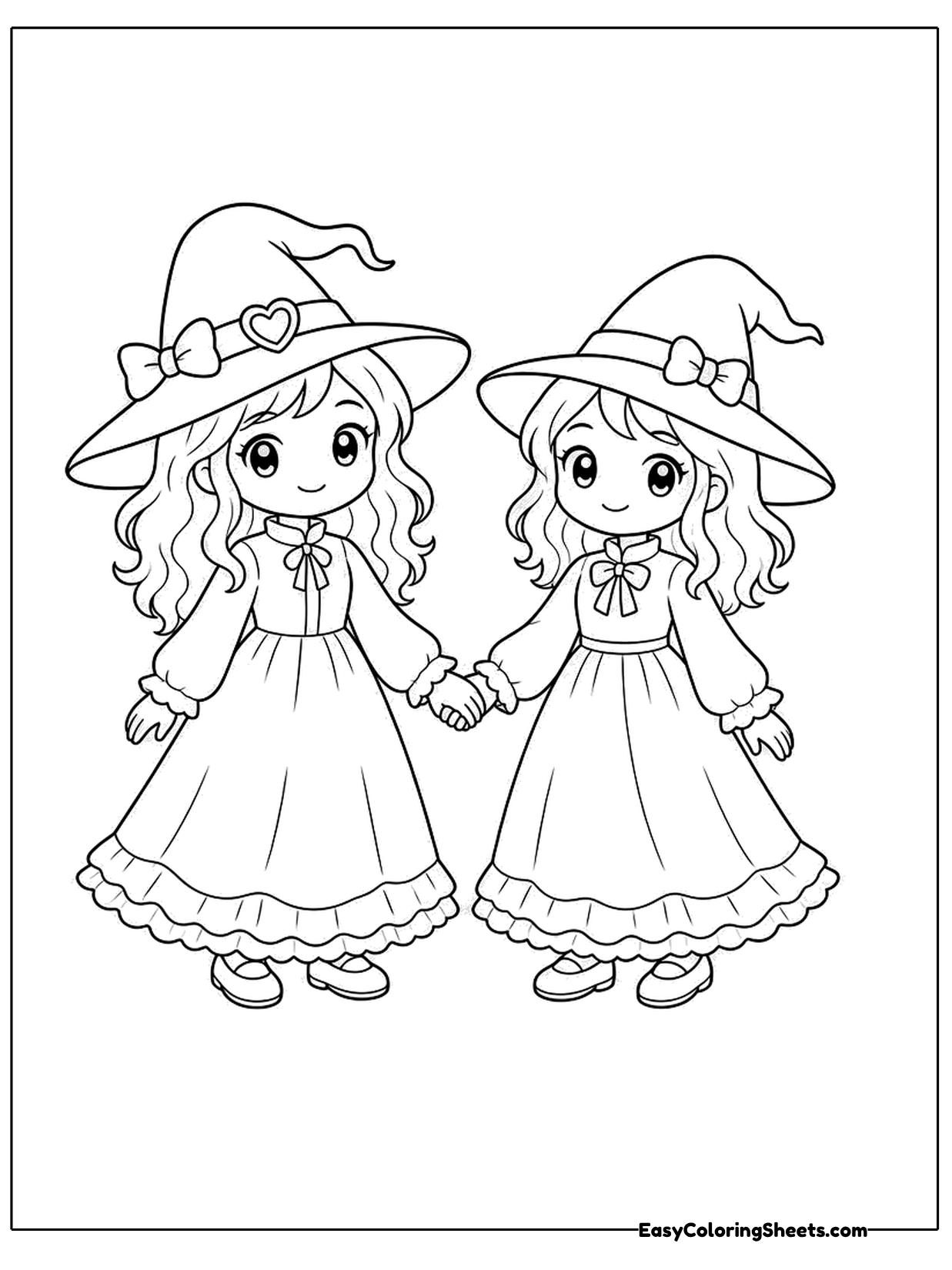 Two girls in pointed hats and long dresses hold hands.